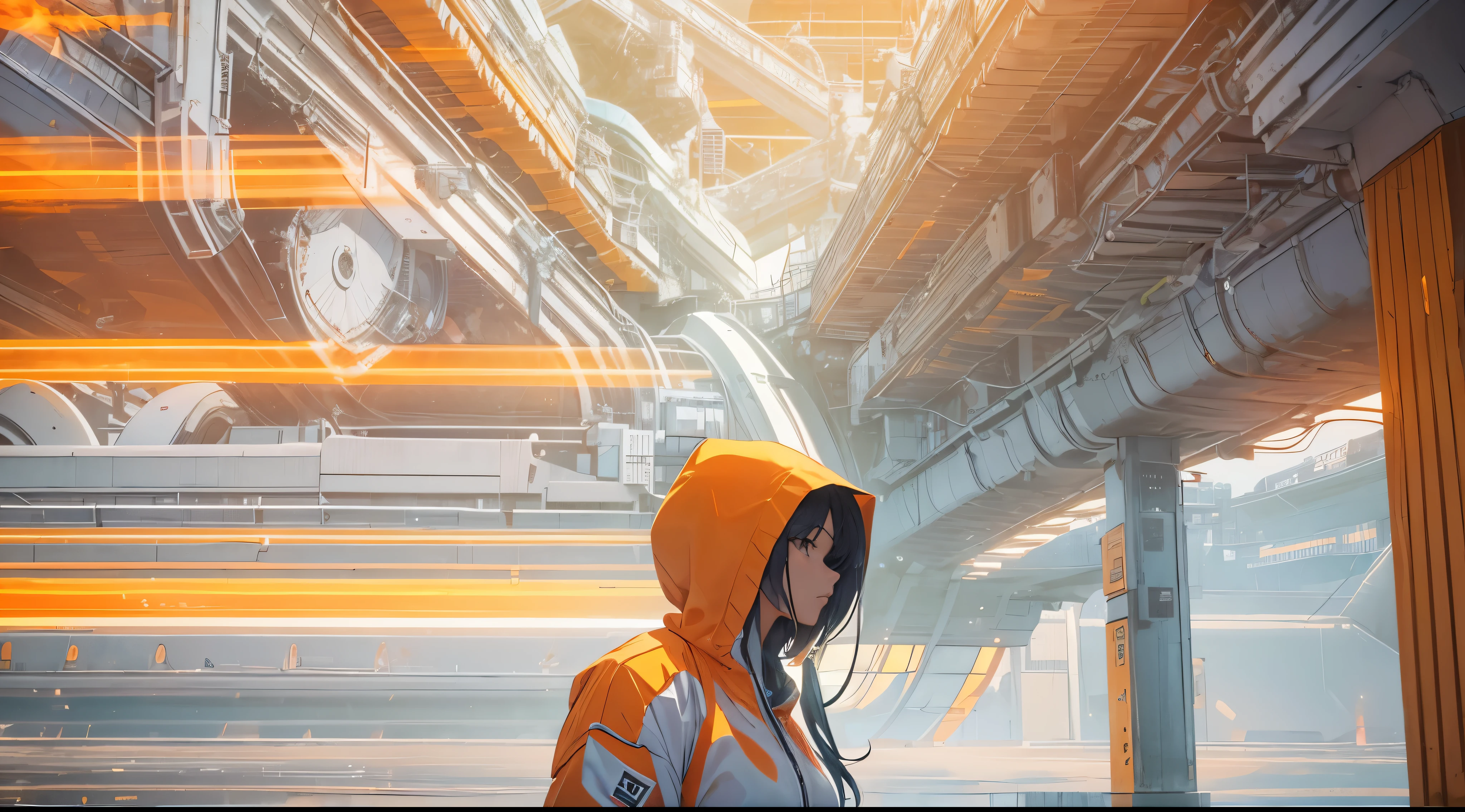 Capture the breathtaking moment as a young man or woman, dressed in a crisp white windbreaker hoodie faces an ominous orange light structure in a futuristic white building creating a raw and emotional masterpiece. This ultra-high resolution, photorealistic full-body portrait is bathed in the warm glow of sunlight, capturing the essence of the scene. The style is reminiscent of mecha sci-fi anime, presented in an impressive 8K resolution for unparalleled image quality. Crafted with Unreal Engine 5, the artwork features ultra-realistic 64K CG, skin texture at 1.4, and an evocative orange volumetric fog, adding depth and atmosphere to the narrative. Further detailing includes 8K UHD, DSLR quality, film grain, and the artistic nuances of lomography, resulting in a visually stunning composition that seamlessly blends high-quality visuals, translucent effects, and photorealism to truly captivate the viewer.