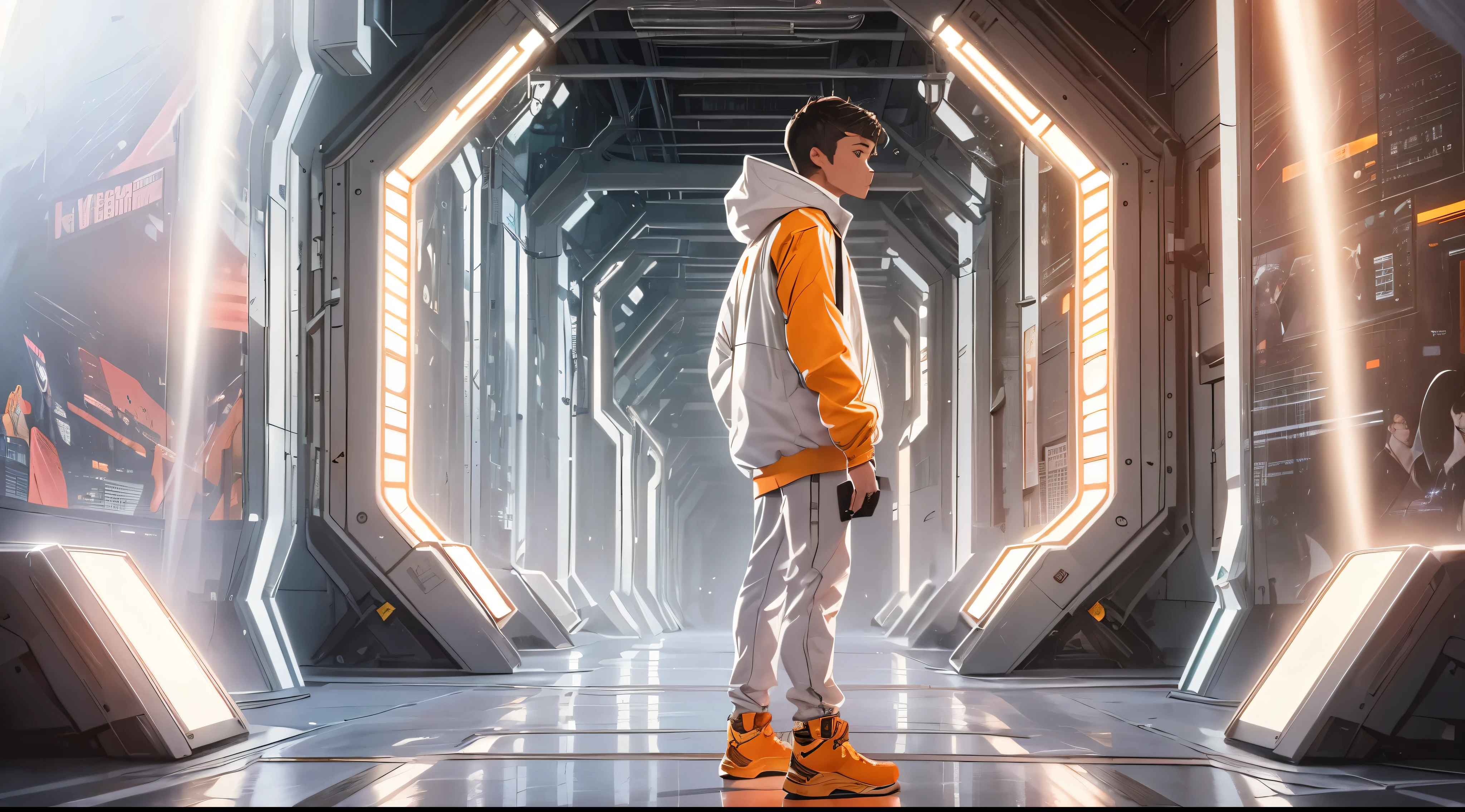 Capture the breathtaking moment as a young man, dressed in a crisp white windbreaker hoodie faces an ominous orange light structure in a futuristic white building creating a raw and emotional masterpiece. This ultra-high resolution, photorealistic full-body portrait is bathed in the warm glow of sunlight, capturing the essence of the scene. The style is reminiscent of mecha sci-fi anime, presented in an impressive 8K resolution for unparalleled image quality. Crafted with Unreal Engine 5, the artwork features ultra-realistic 64K CG, skin texture at 1.4, and an evocative orange volumetric fog, adding depth and atmosphere to the narrative. Further detailing includes 8K UHD, DSLR quality, film grain, and the artistic nuances of lomography, resulting in a visually stunning composition that seamlessly blends high-quality visuals, translucent effects, and photorealism to truly captivate the viewer.