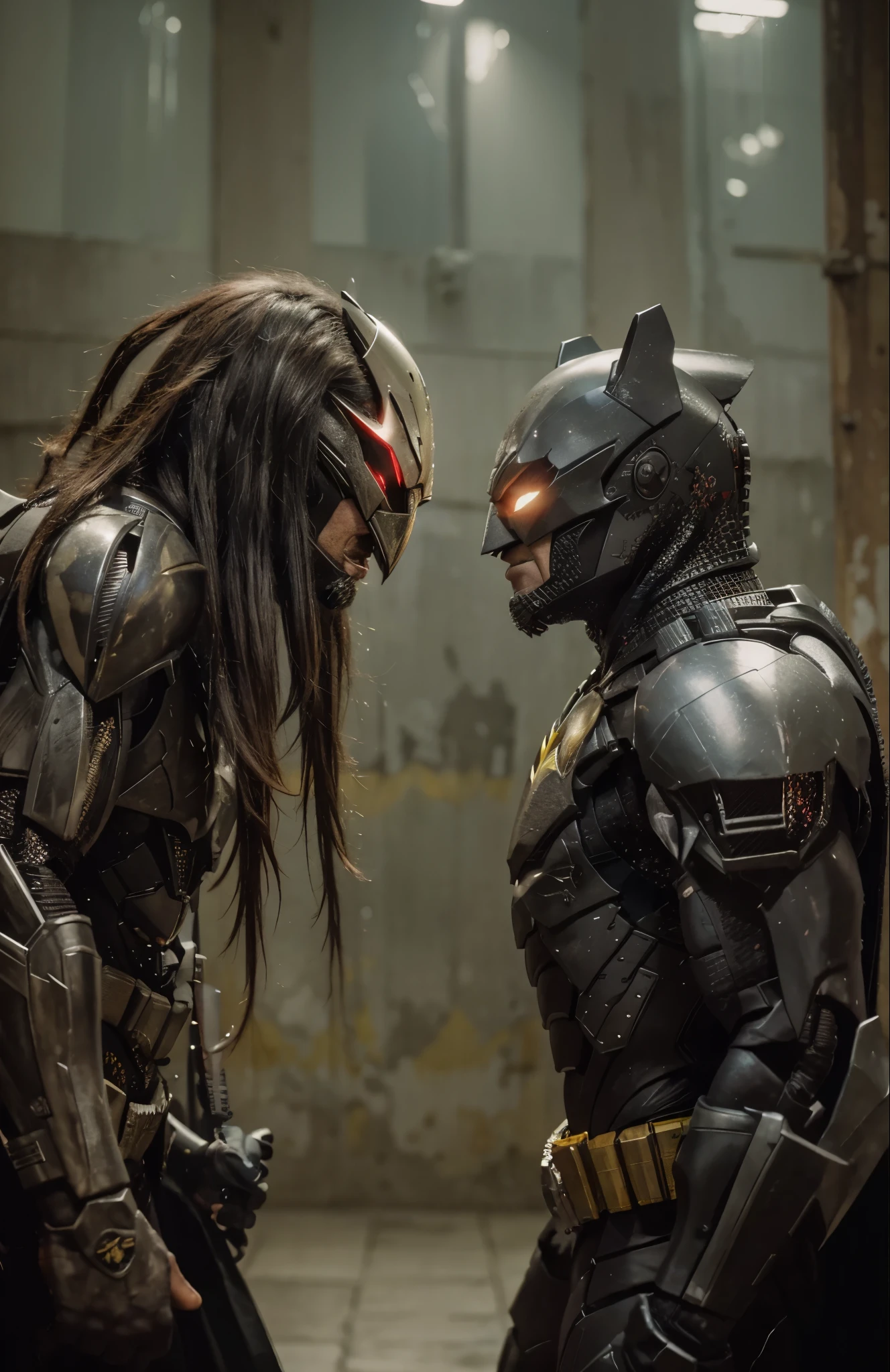 the predator vs mechanical batman, highly detailed, high quality photos, 4k quality, no blurry spot