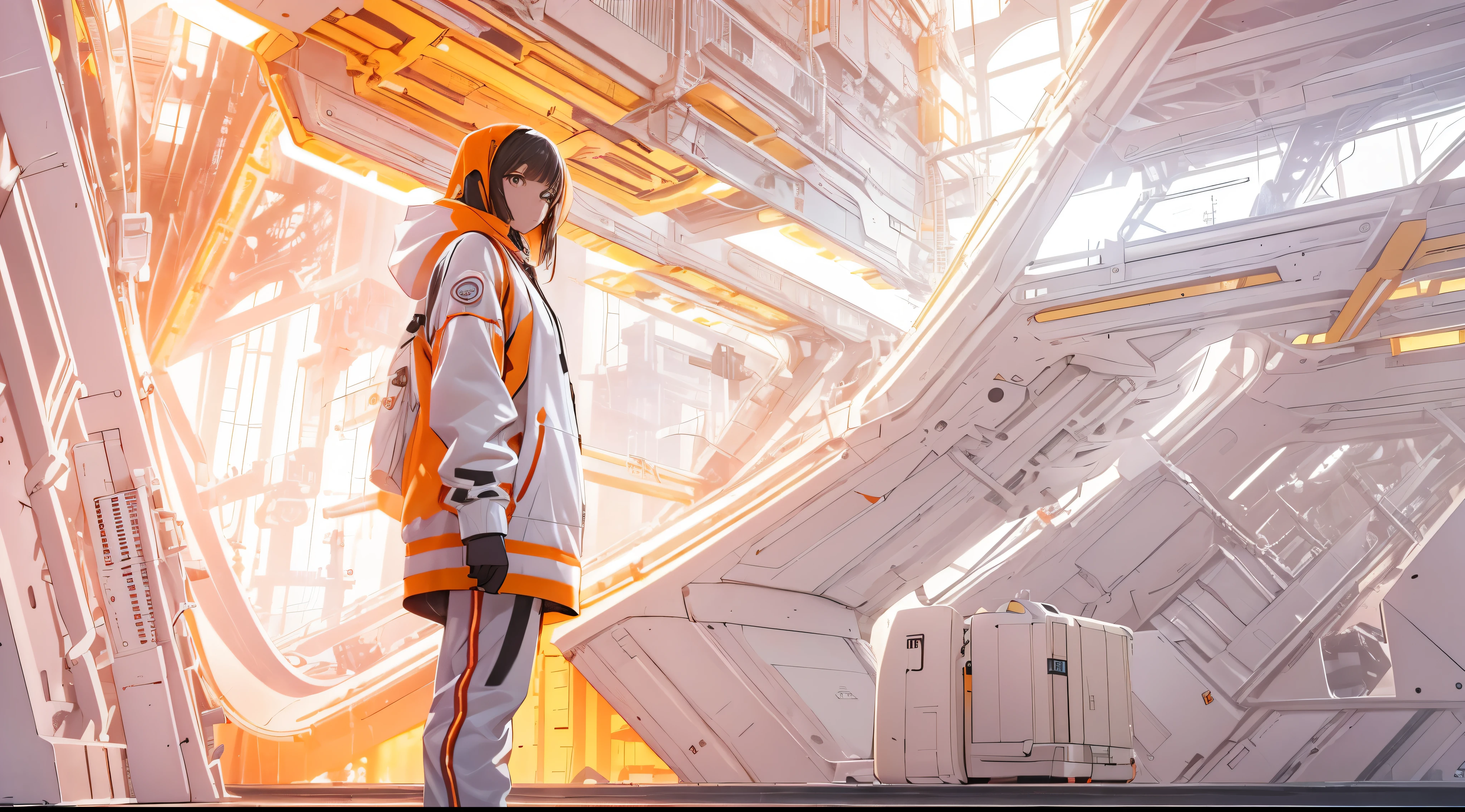 Capture the breathtaking moment as a young man or woman, dressed in a crisp white windbreaker hoodie faces an ominous orange light structure in a futuristic white building creating a raw and emotional masterpiece. This ultra-high resolution, photorealistic full-body portrait is bathed in the warm glow of sunlight, capturing the essence of the scene. The style is reminiscent of mecha sci-fi anime, presented in an impressive 8K resolution for unparalleled image quality. Crafted with Unreal Engine 5, the artwork features ultra-realistic 64K CG, skin texture at 1.4, and an evocative orange volumetric fog, adding depth and atmosphere to the narrative. Further detailing includes 8K UHD, DSLR quality, film grain, and the artistic nuances of lomography, resulting in a visually stunning composition that seamlessly blends high-quality visuals, translucent effects, and photorealism to truly captivate the viewer.
