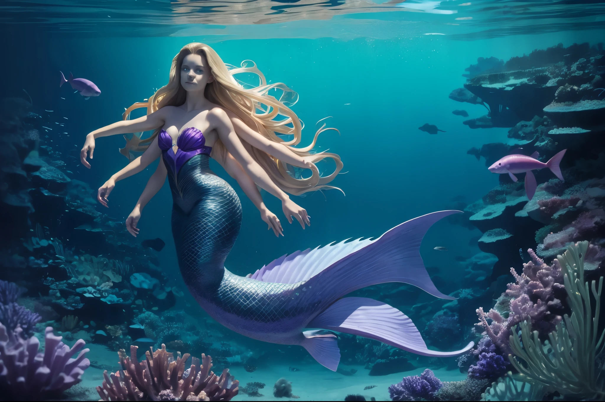 2heads, two headed mermaid, age 20, long blonde hair, lavender tail, wide fins, swimming underwater, four arms,