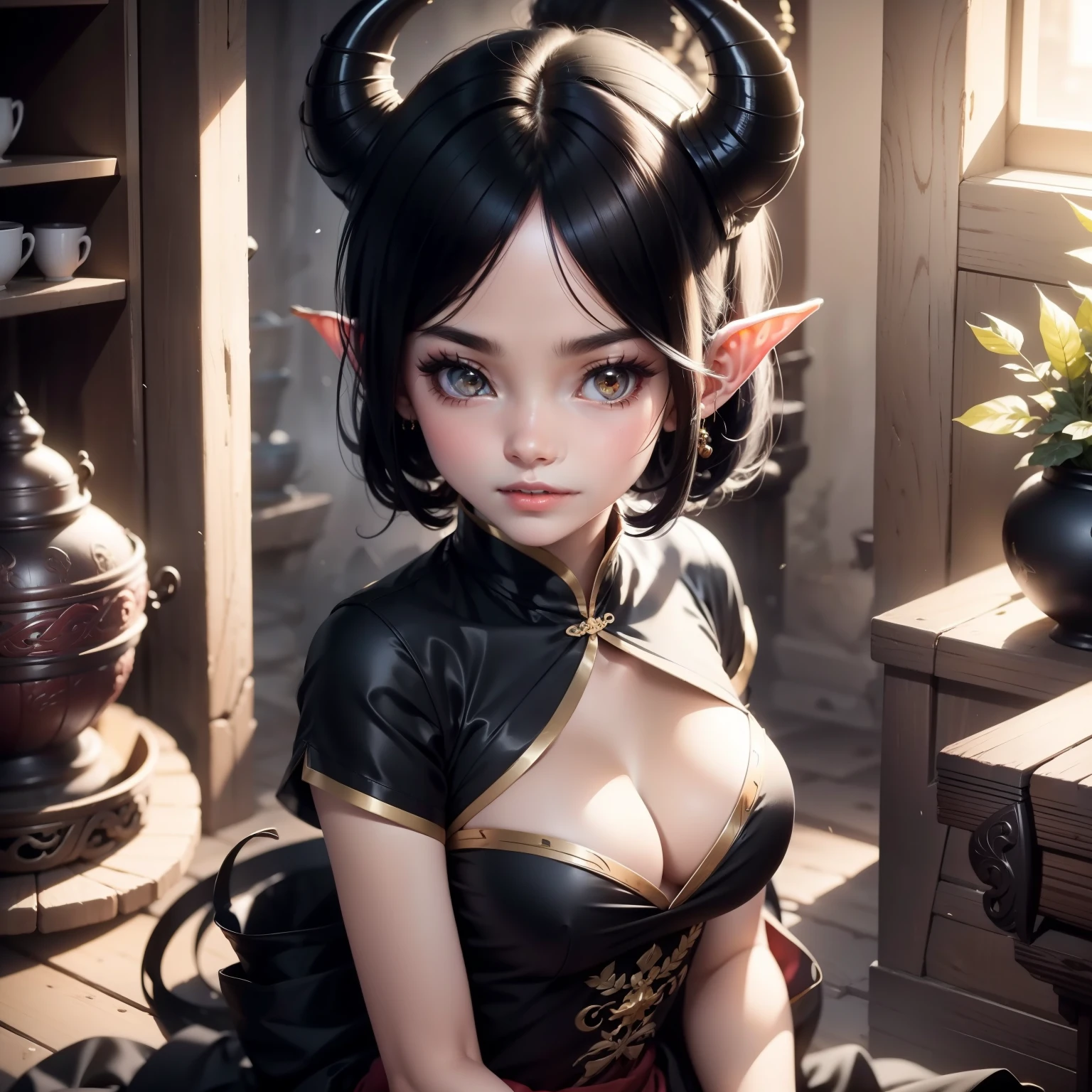 1 elf girl, black hair wears the traditional Chinese “ox horns” hairstyle, black eyes, thin lips, eyes with yellow pupils, small breasts, wearing a black maid outfit