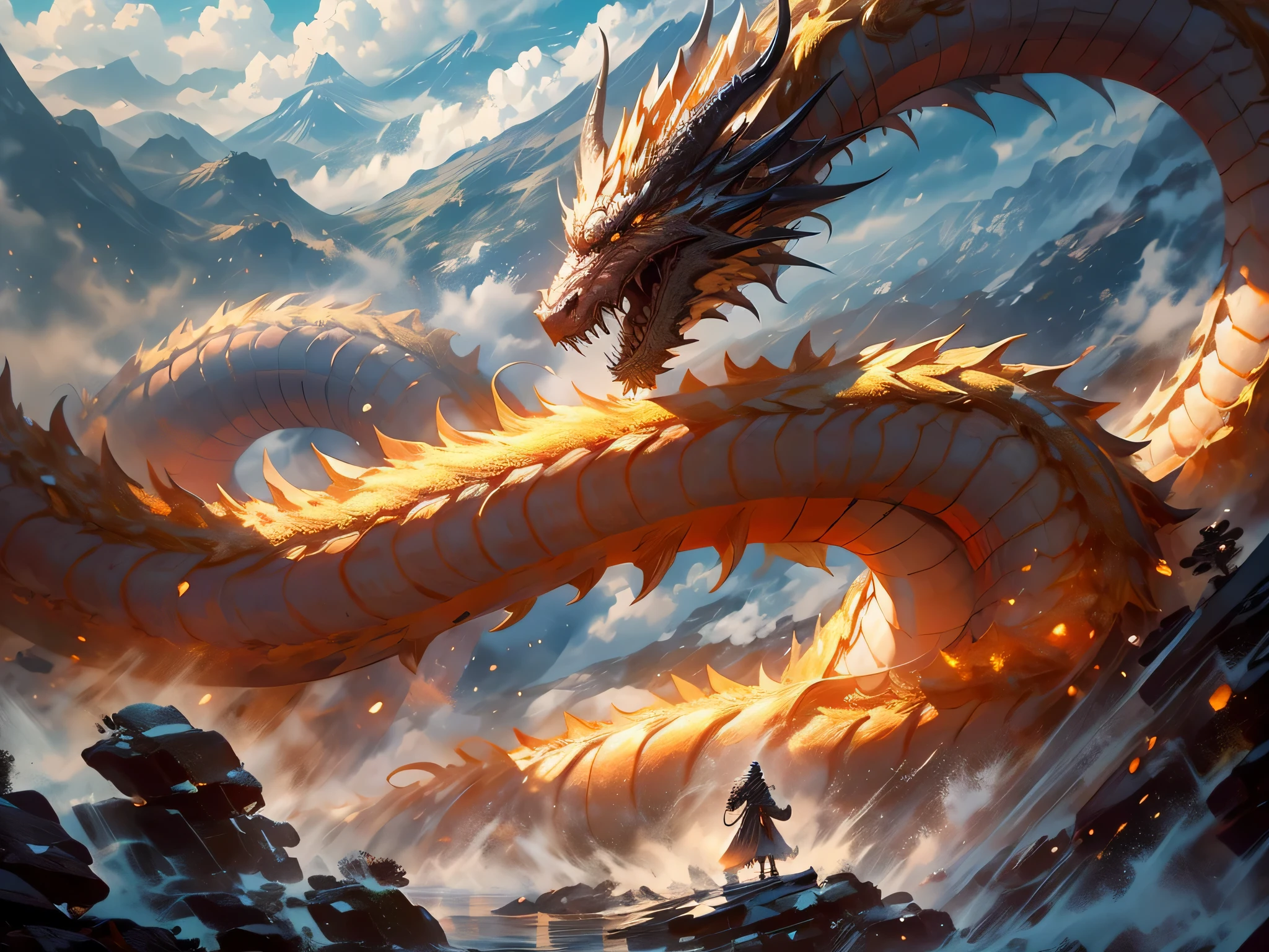 moving dragon，roaring dragon，Golden throughout，There is a deterrent，Dragon beard and horn complete，Swallowing clouds and mist at the foot of Kunlun Mountain，Cinematic quality，Ultra-clear