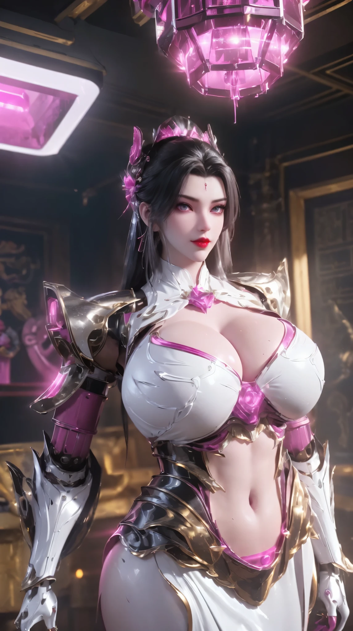 A BUSTY MILF, PORTRAIT, UPPER BODY, SOLO, (BEAUTY BLACK HAIR, GOLD DRAGON HORN), (MASSIVE FAKE BOOBIES,CLEAVAGE TOP,MUSCLE ABS:1.5), ((WEARING OUTFIT (LED MAGENTA, LED WHITE, LED BLACK) SHINY MECHANICAL ROBOT BIKINI ARMORED:1.5)),(CURVY VOLUPTUOUS BODY MATURE WOMAN:1.5), (SWEATY GLOSSY BODYSKIN:1.5), (LOOKING AT VIEWER:1.5), (BACKGROUND FUTURISTIC SPACE STATION:1), (PHOTOREALSITIC:1.5), (ULTRA-DETAILLIERT), (TOP-QUALITY), (BEST SHADOWS), BRIGHT LIGHT IN ROOM, HYPER TEXTURE, (4X MSAA), ((UNREAL ENGINE 5 RENDER)), PHYSICALLY-BASED RENDERING, ULTRA HIGHT DEFINITION, 16K, 1080P.