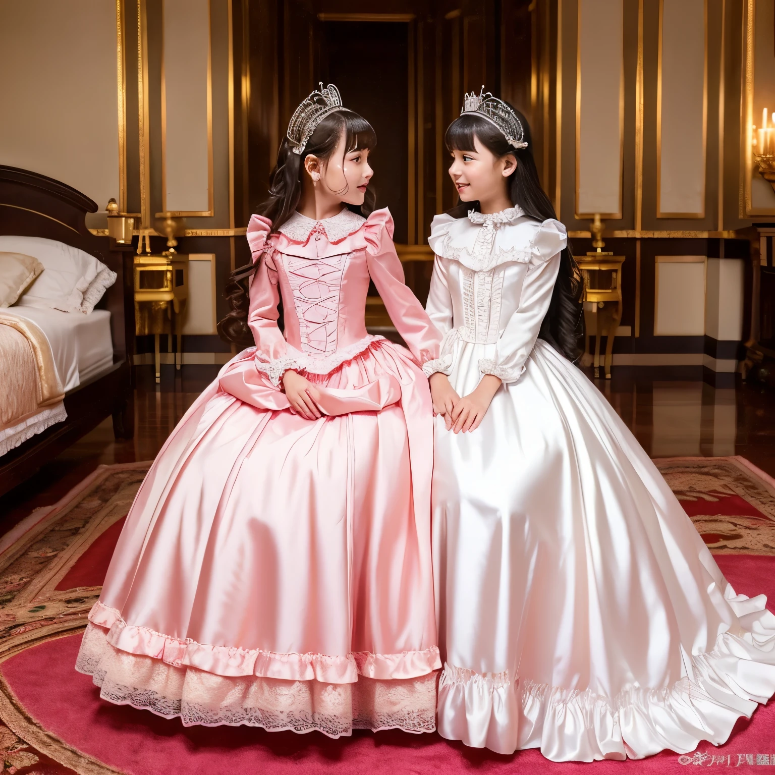 highest quality, masterpiece, highest resolution, artwork, super get used to it, many become familiar with, become familiar with, get used to it, woman, ,the two girls are princesses,pink victorian dress,long sleeve,long dress,A dress with lots of frills and ribbons.,luxury,Two kiss,