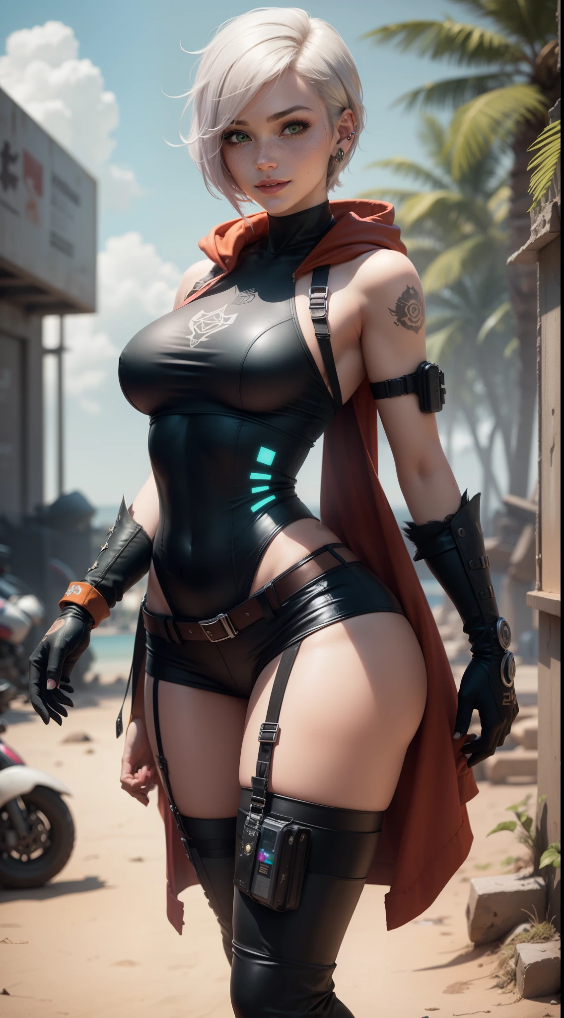 gwen tennyson,yorha 2b,tracer,d.va,lara croft, overwatch,nier automata,close up,beach jungle ruins,tattoos,orange and pink plugsuit,white short sleeve punk top,sleeveless punk hoodie, lycra tight skirt,harness corset,short hair,punk makeup,green eyes,multicolored silver hair, military gloves,sexy smile,freckles,beautiful girl,thigh high boots,large breasts,8k,ultra detailed,realistic,fantasy art,cyberpunk uniform,military uniform,hair pin,ear piercings,(weather:windy),1girl,