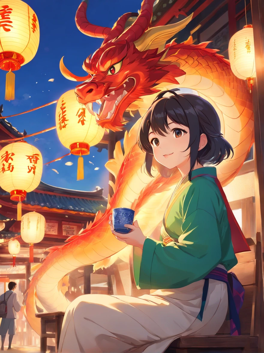 New Year Blessings for the Year of the Dragon ,mascot, A good start,Minfu Rural Bank,Chinese style元素,Happy, , Drinking tea and paper lanterns, Warm and joyful atmosphere, digital illustration, Illustration poster, child, , digital illustration , Chinese style
