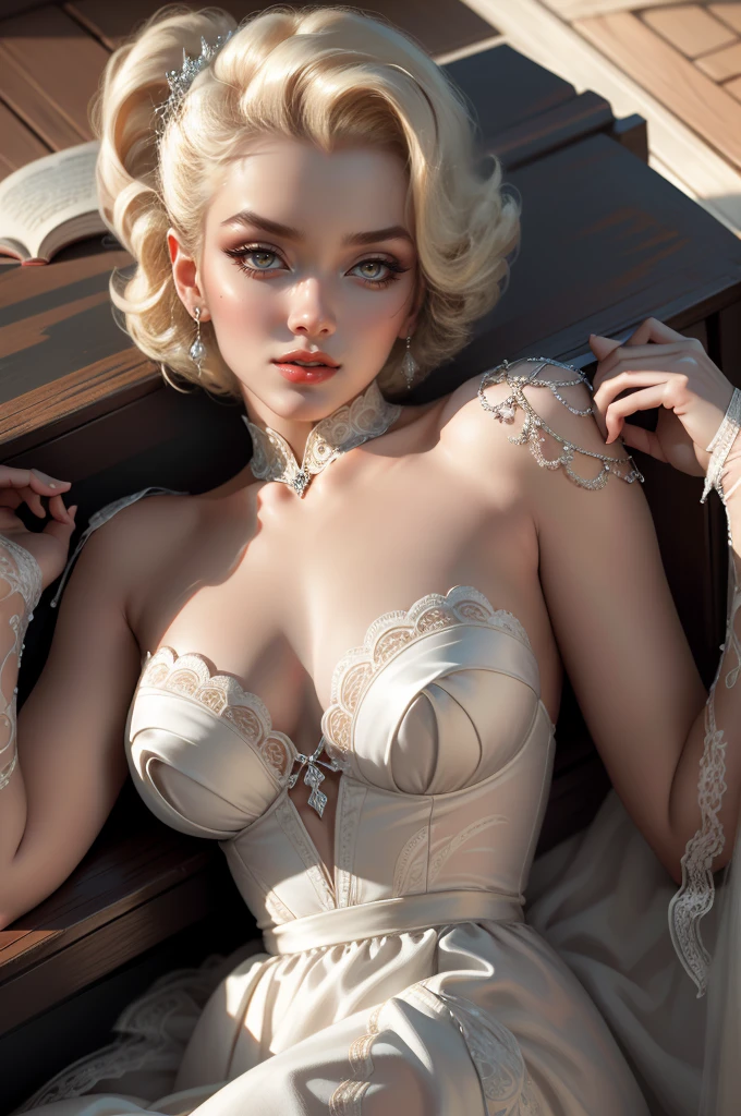 (Masterpiece - Ultra-Detailed, High Resolution) Prepare to be enchanted by a true masterpiece that combines ultra-detailed art with high-resolution rendering. This work shows a mesmerizing woman, with short, light blonde hair, 1950s style, Marilyn Monroe (1.3) and captivating brown eyes (1.2), New York illustration style, wearing red lipstick, emanating an aura of elegance and mystery. Wearing classic 1950s clothing. sexy. Intricate details and realistic textures invite you to explore every aspect of this enchanting composition. Transparent white dress.reading, writing, walking, backwards, lying down, standing, dynamic poses, mouth closed. Different posture. Very sexy, with chin resting on shoulder. Get ready to dive into a world where beauty and craftsmanship merge perfectly.