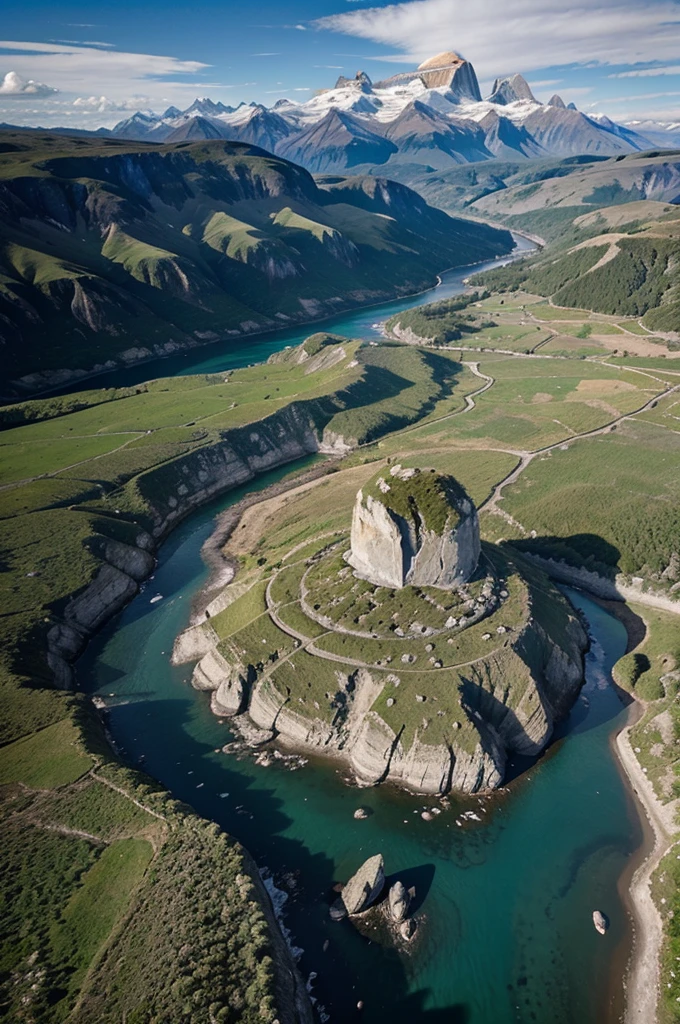 large rock surrounded by a Patagonian landscape seen from the sky