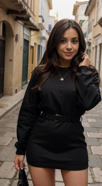 Mejor calidad, 8k, 32k, obra maestra ,pelo bob , Pelo Ondulado , 24 years , chaqueta de cuero negro , Vestido ajustado hasta el muslo de cuero negro,Botas de cuero negro,Caminando por la calle ,sonriente,El color del cabello es rubio,Todo el cuerpo,, foto con amigas, without showing hands in the photograph