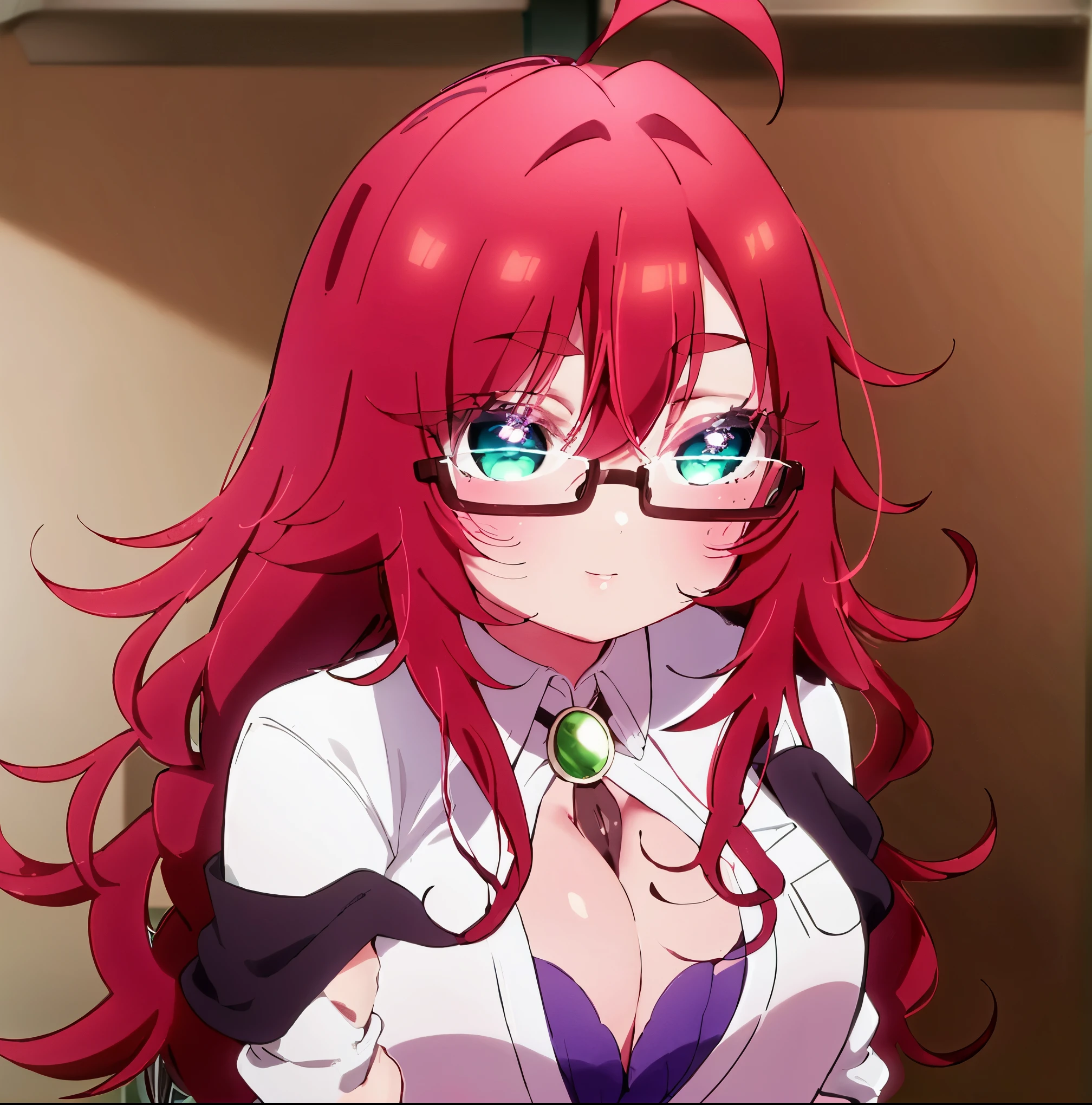 kusuriyakuzen, kusuri yakuzen large, red hair, (green eyes:1.3), ponytail, ahoge, glasses, semi-rimless eyewear, labcoat, cleavage, underwear, bra purple, ,indoors, classroom,
 looking at viewer, (cowboy shot:1.5), (masterpiece:1.2), best quality, high resolution, unity 8k wallpaper, (illustration:0.8), (beautiful detailed eyes:1.6), extremely detailed face, perfect lighting, extremely detailed CG, (perfect hands, perfect anatomy),