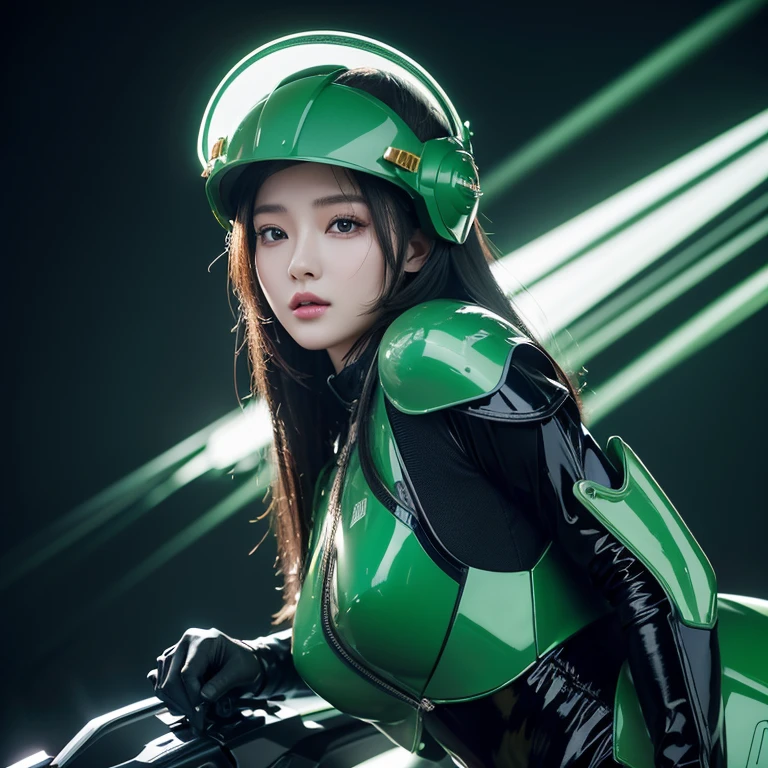 Highest image quality, Excellent details, ultra high resolution, (realism: 1.4), best illustrations, Offer details, Highly concentrated 1girl, Has a delicate and beautiful face, Looks like celebrity Liu Yan，Dressed in black and green mechs, wearing a mech helmet, holding direction controller, riding a motorcycle, The background is a high-tech light scene of a futuristic city.