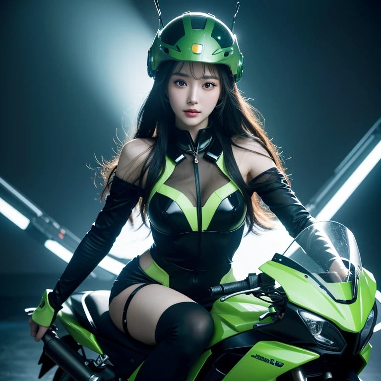 Highest image quality, Excellent details, ultra high resolution, (realism: 1.4), best illustrations, Offer details, Highly concentrated 1girl, Has a delicate and beautiful face, Looks like celebrity Liu Yan,Dressed in black and green mechs, wearing a mech helmet, holding direction controller, riding a motorcycle, The background is a high-tech light scene of a futuristic city.