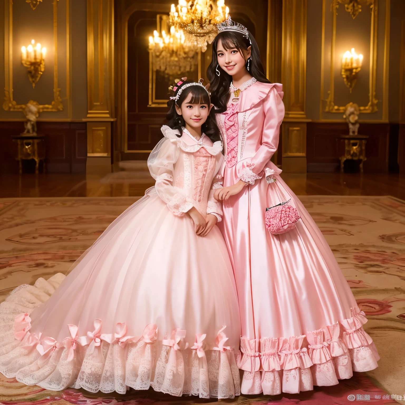 highest quality, masterpiece, highest resolution, artwork, super それにget used to it, many get used to it, get used to it, それにget used to it,, girl,cute girls,(()),((All 10 year old girls)),girls are princesses,everyone wears a tiara on their head,((all have volume,She is wearing a pink Victorian ball gown dress with a full-length hoop skirt)),the dress is round and bulging,(Long sleeves with ruffles),((A long dress that almost touches the floor)),A dress with lots of frills and ribbons..,((ruffle yoke collar)),luxury,inside the palace,Satin fabric dresses,They are kissing.,lesbian,in the luxury bedroom,huge luxury princess’s bed,they are Lie down on the bed,