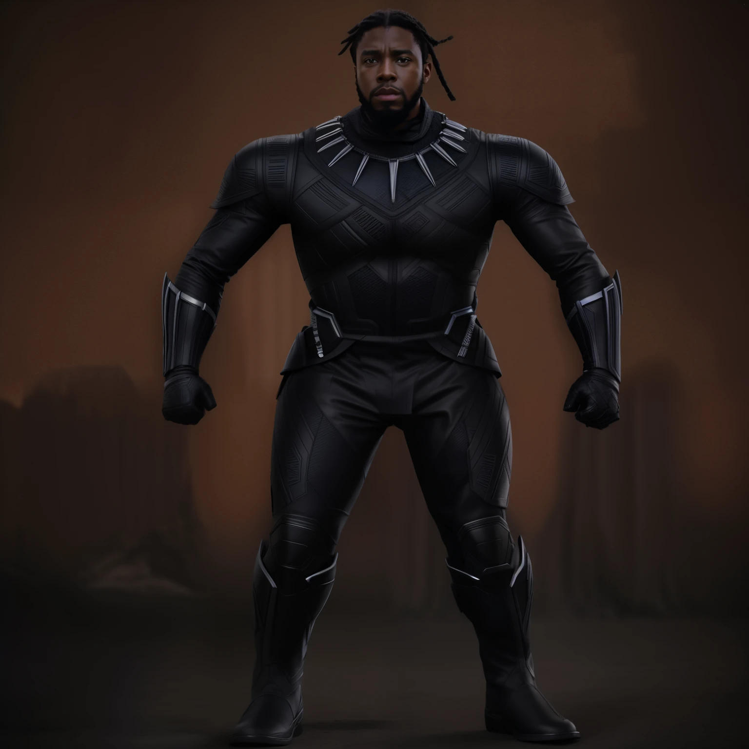 a black panther is standing in front of a dark background, black panther, marvel concept art, detailed full body concept, wakanda, official concept art, streamlined matte black armor, pitch black skin, panther, dark suit, full body concept, full body shot hyperdetailed, new costume concept design, ryan gosling as black panther, detailed full body concept art, realistic