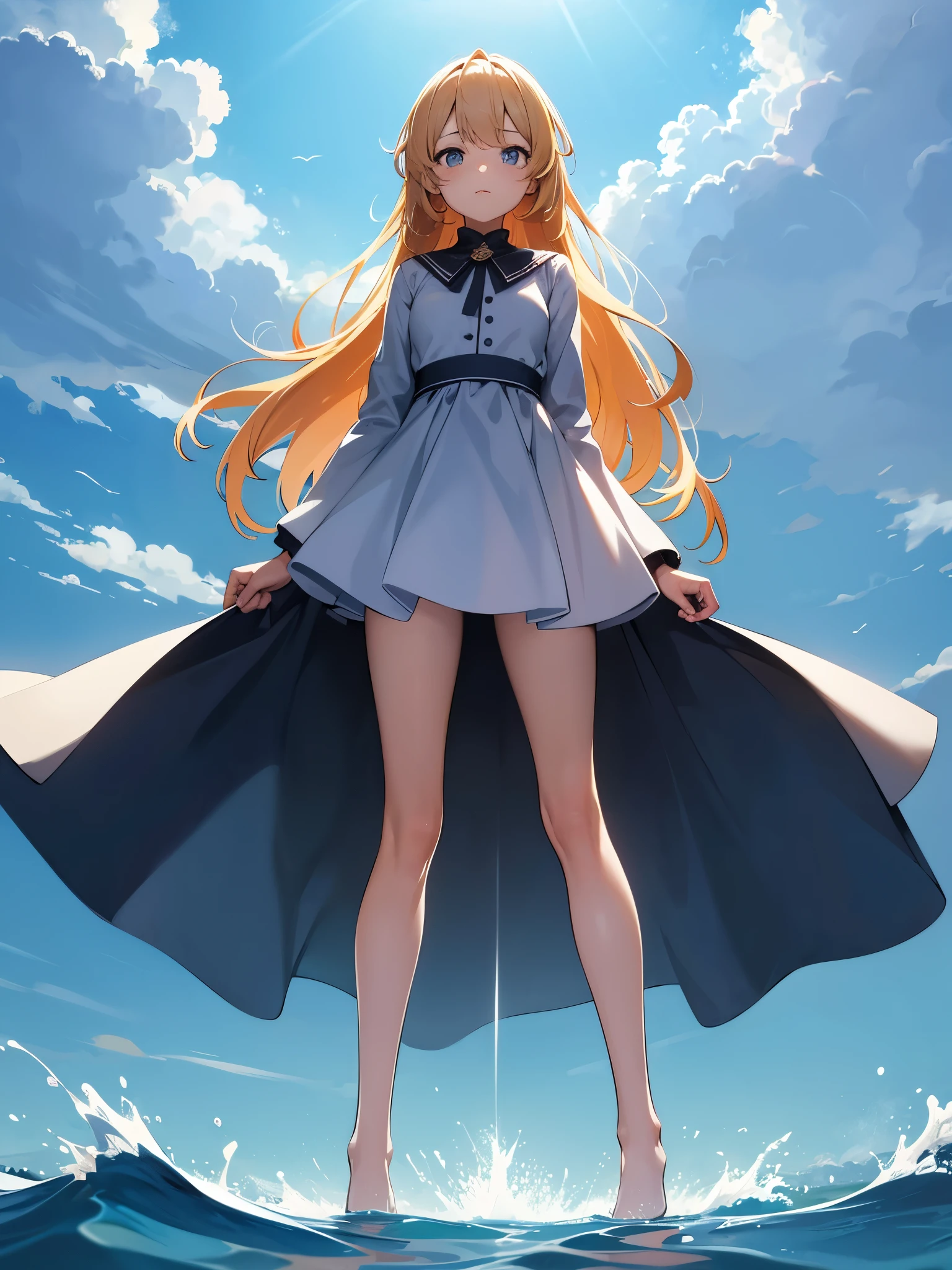 Stand with full body, woman, stand in a wide space, wide sky, cloudy, There's sunshine., stand with back, Dress nicely, small, Very small, The body is very small, stand in the middle, little person, A small person stands at the back in the middle of the picture, with a very wide stomach., the wallpaper, wide sea nature, Beautiful face, There was light falling from the sky., Anime, UHD, masterpiece, highres, 1080P, HD, 4K, 16k, 8k, UHD, masterpiece, highres, 1080P, HD, 4K, 16k, 8k
