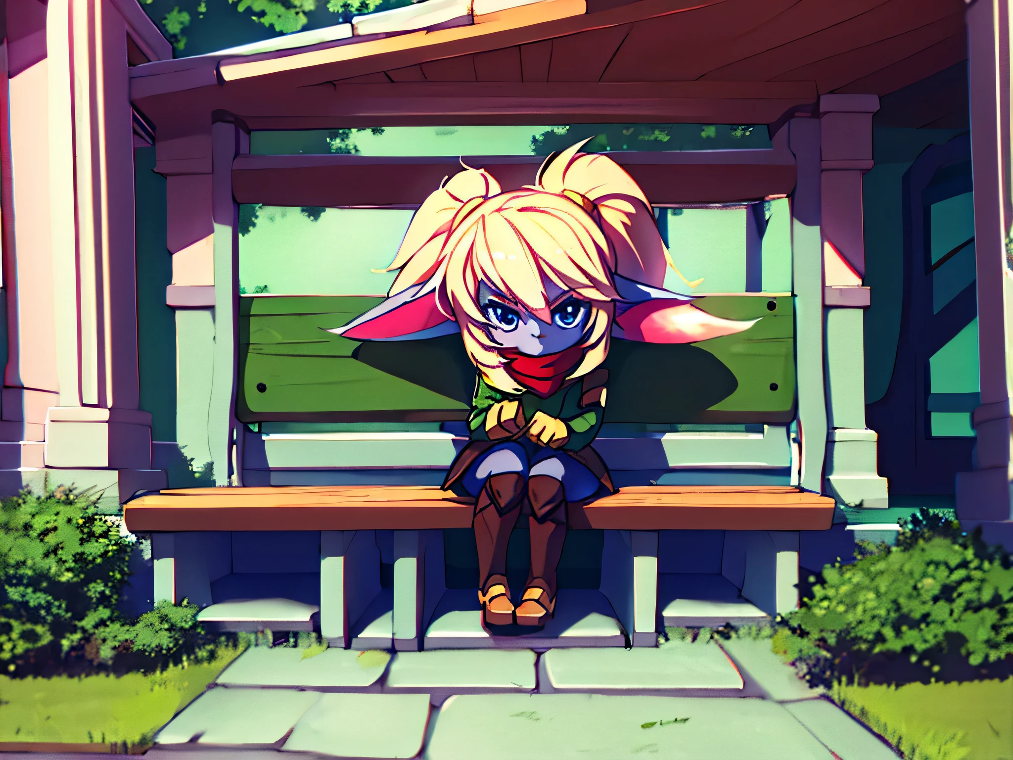 Poppy sitting on a bench in a square
