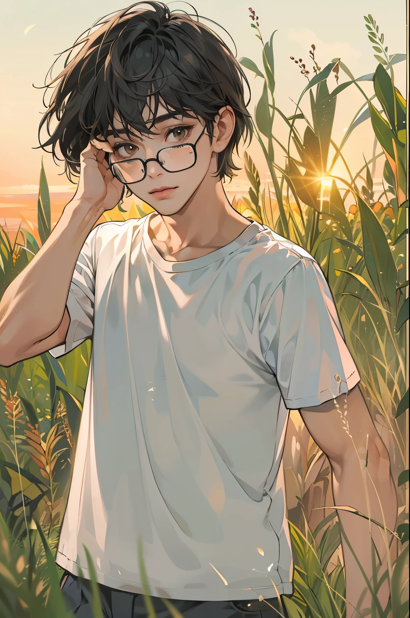 (absurdres, highres, ultra detailed, realistic, ), 1 boy,mature, solo, short black hair, white T-shirt,brown eyes, (glasses), grass and sunrise sky background, ultra - detailed, best quality, Detailed diagram, vectorized, 8K, Graphic design, vector lines, Full-HD,full body