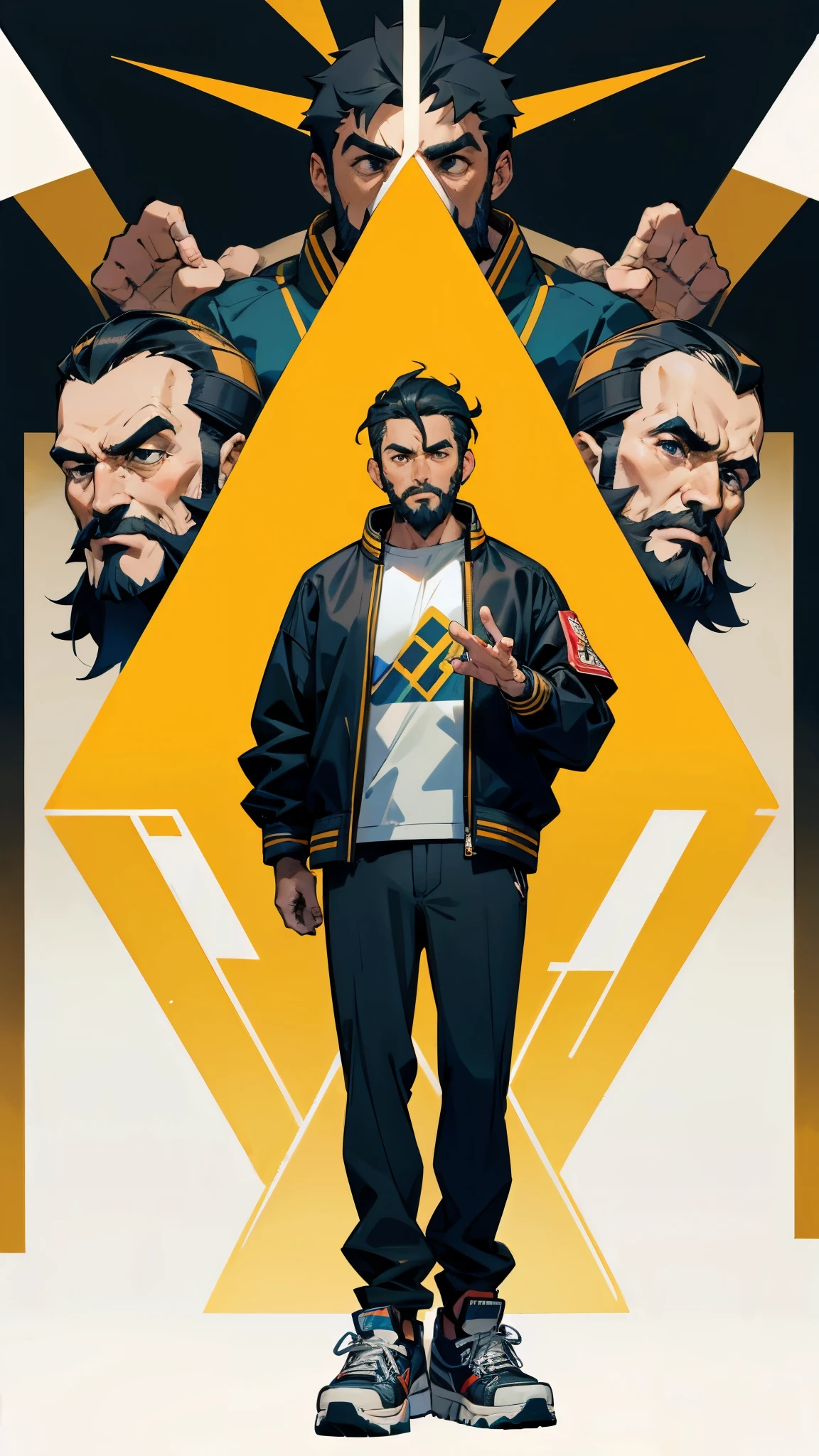 35 mm front camera view, spanish man looking at camera with beard arms down at sides hands open wearing a bomber jacket with t-shirt underneath and sneakers standing symmetrically entire body facing directly at camera