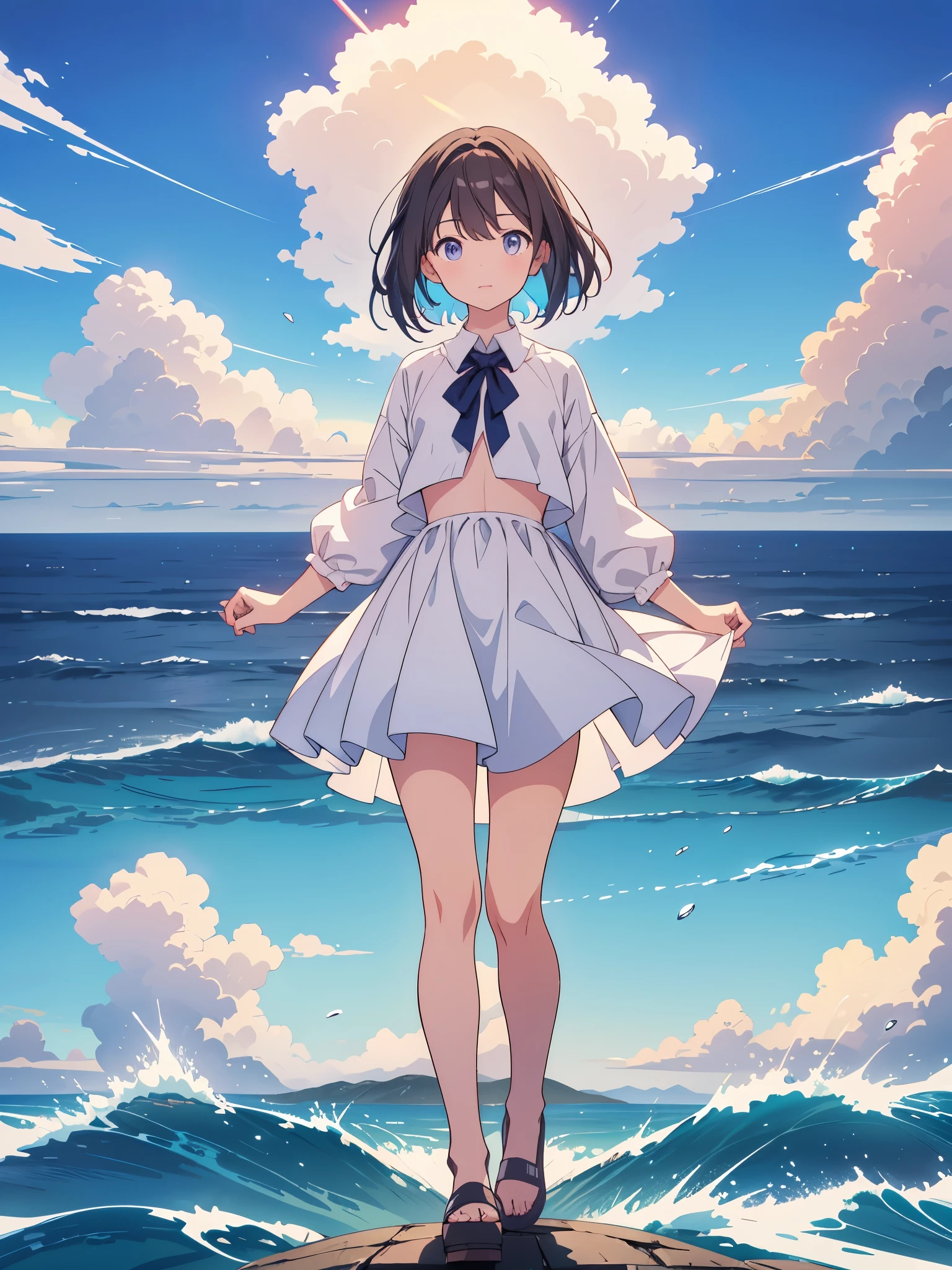 Stand with full body, woman, stand in a wide space, wide sky, cloudy, There's sunshine., stand with back, Dress nicely, small, Very small, The body is very small, stand in the middle, little person, A small person stands at the back in the middle of the picture, with a very wide stomach., the wallpaper, wide sea nature, Beautiful face, There was light falling from the sky., Anime, UHD, masterpiece, highres, 1080P, HD, 4K, 16k, 8k, UHD, masterpiece, highres, 1080P, HD, 4K, 16k, 8k