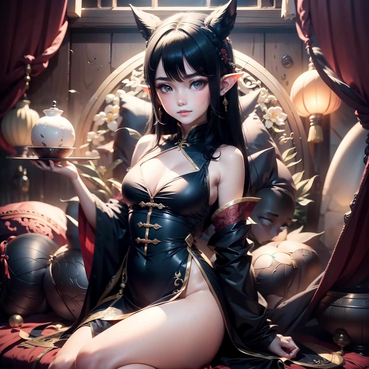 1 elf girl, black hair wears the traditional Chinese “ox horns” hairstyle, black eyes, thin lips, eyes with yellow pupils, small breasts, wearing a black maid outfit