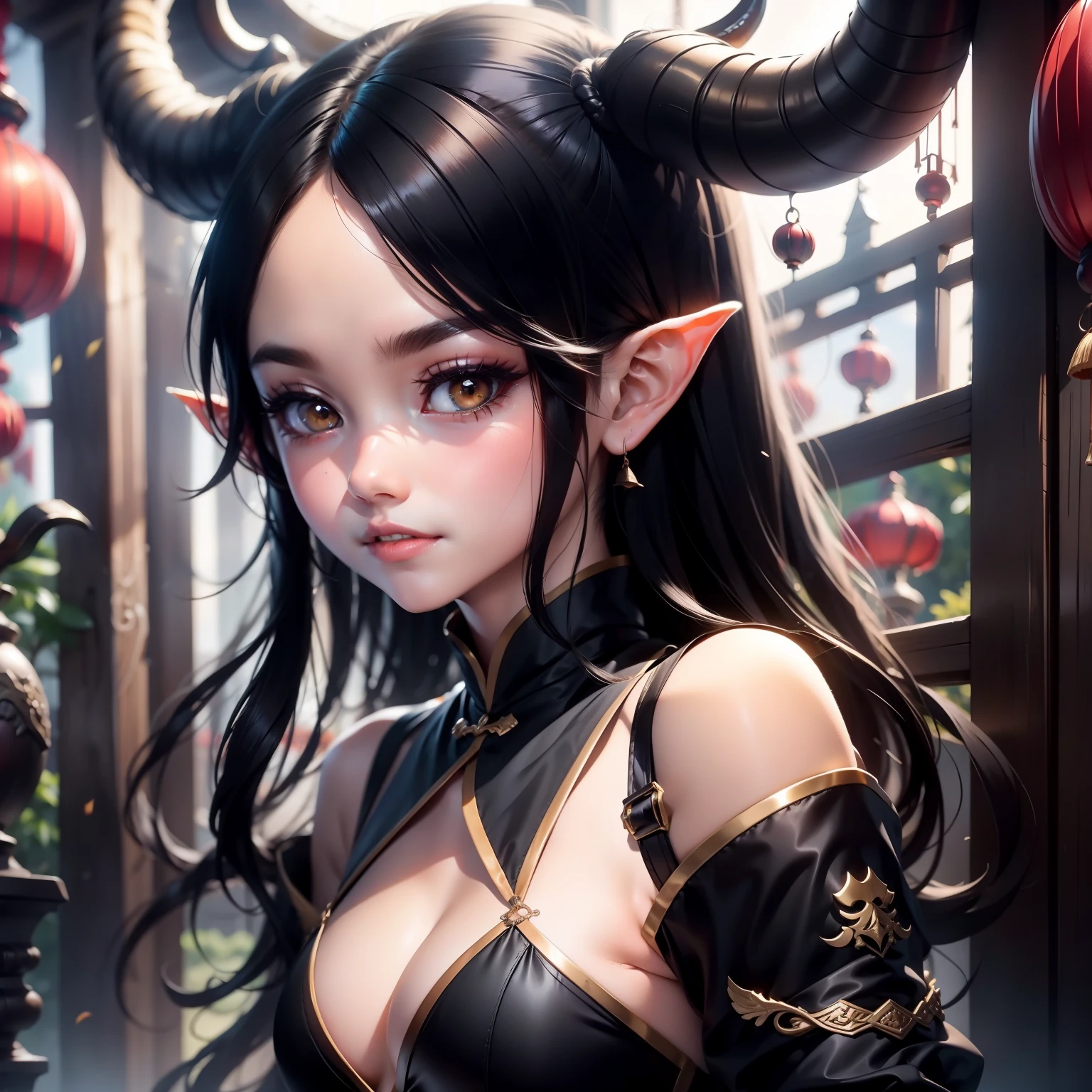 1 elf girl, black hair wears the traditional Chinese “ox horns” hairstyle, black eyes, thin lips, eyes with yellow pupils, small breasts, wearing a black maid outfit