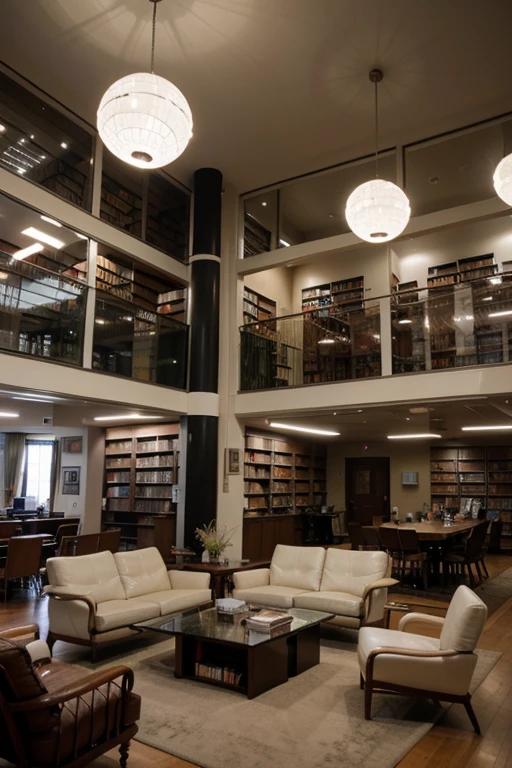A massive library filled with books, e-readers, magazines contains futuristic furniture.  This open feel layout is in a secluded mountain location.  The inside contains glass walls, glass tables, spheres. 4k, hd, cyberrealism, dystopian.
