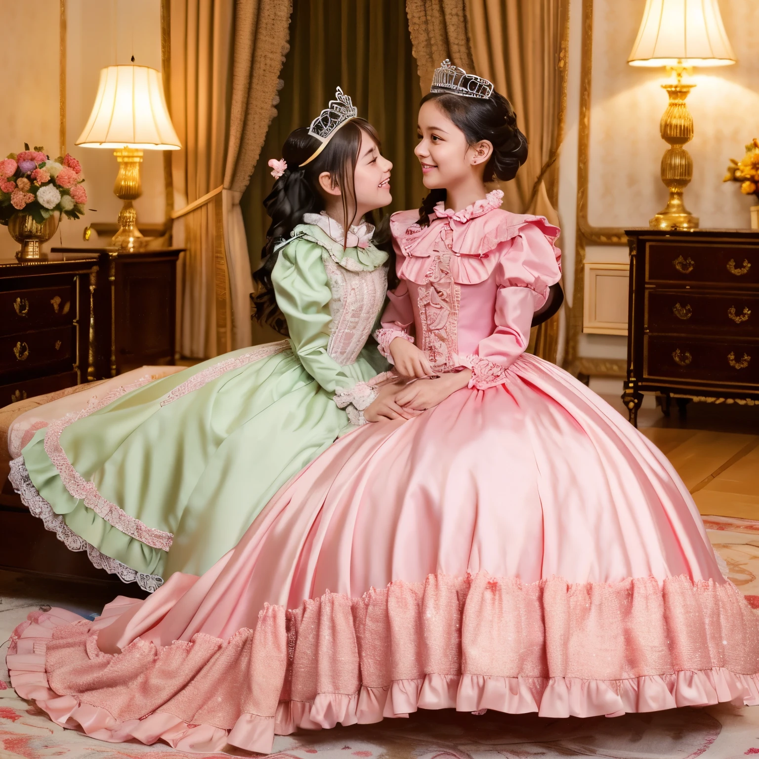 highest quality, masterpiece, highest resolution, artwork, super それにget used to it, many get used to it, get used to it, それにget used to it,, girl,cute girls,(()),((All girls)),girls are princesses,everyone wears a tiara on their head,((all have volume,She is wearing a pink Victorian ball gown dress with a full-length hoop skirt)),the dress is round and bulging,(Long sleeves with ruffles),((A long dress that almost touches the floor)),A dress with lots of frills and ribbons..,((ruffle yoke collar)),luxury,inside the palace,Satin fabric dresses,They are kissing.,lesbian,in the luxury bedroom,huge luxury princess’s bed,they are Lie down on the bed,