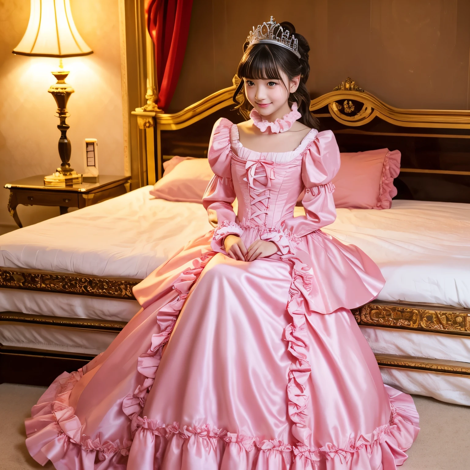 highest quality, masterpiece, highest resolution, artwork, super それにget used to it, many get used to it, get used to it, それにget used to it,, girl,cute girls,(()),((All 10 year old girls)),girls are princesses,everyone wears a tiara on their head,((all have volume,She is wearing a pink Victorian ball gown dress with a full-length hoop skirt)),the dress is round and bulging,(Long sleeves with ruffles),((A long dress that almost touches the floor)),A dress with lots of frills and ribbons..,((ruffle yoke collar)),luxury,inside the palace,Satin fabric dresses,They are kissing.,lesbian,in the luxury bedroom,huge luxury princess’s bed,they are Lie down on the bed,