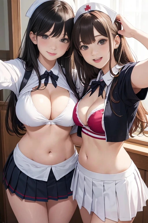 realistic, Selfie of two girls, close contact with both breasts,, Maid clothes、nurse uniform、uniform、bikini、pleated mini skirt、cleavage emphasis、Lower milk is visible、Side breasts are visible、big breasts, smile、The belly button is visible、bold pose、accurate eye