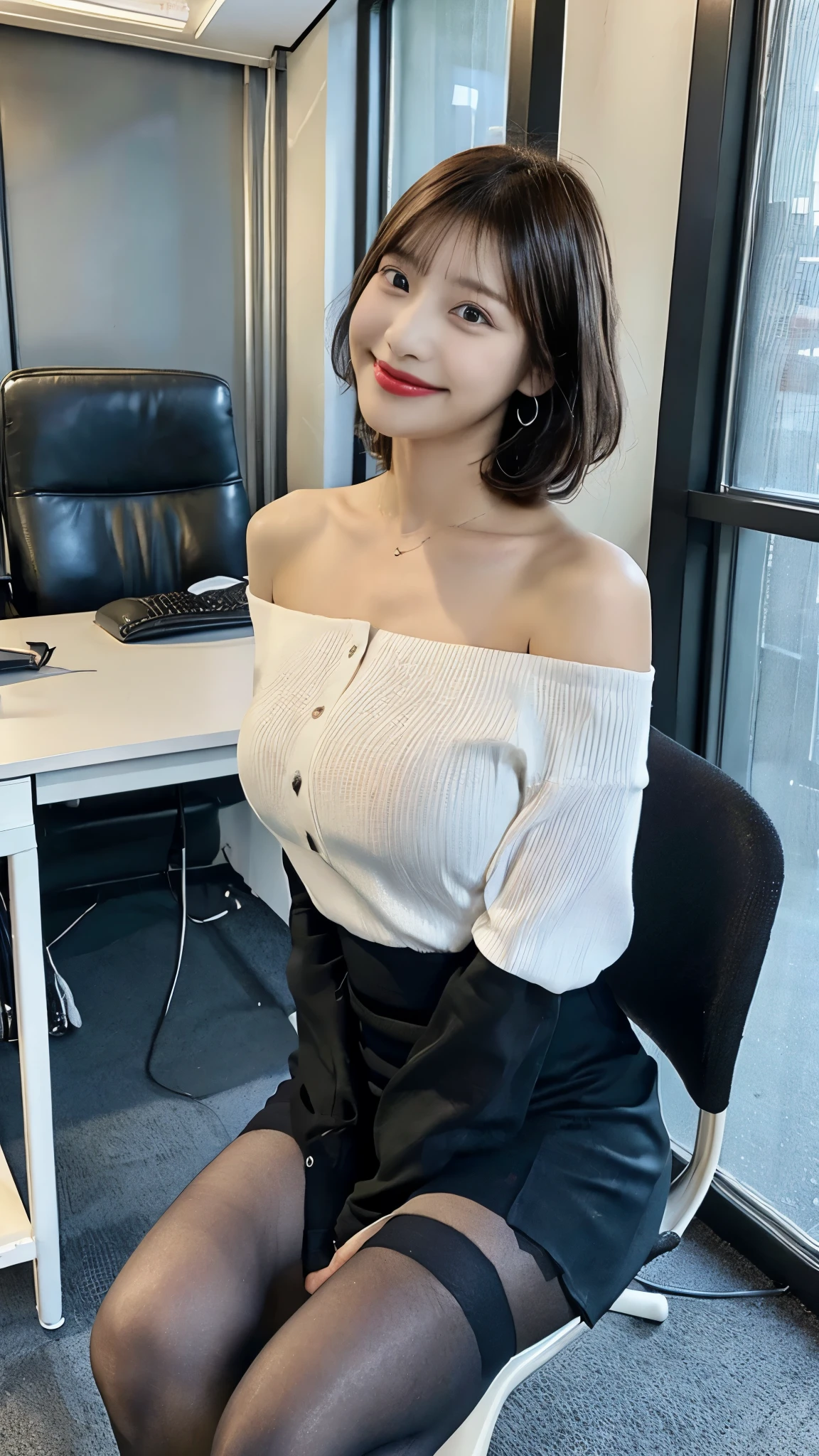 (8k, RAW photo, best quality), super detail, (realistic, photorealistic: 1.4), (masterpiece: 1.4), extremely detailed 8k wallpaper, ultra highres, cinematic lighting, anatomically correct, depth of field, first-person view, pov, shoot from front, looking at viewer, full body, full body, smile, light smile, (off-the-shoulder top), The face is :9,666349256], (Elite secretary of light underwear high society), sit on chair，working in an office、 (Wear pantyhose)、(Short Layer Hair)、Crossed legs, Wear high-end heels、 (thighhighs and skirt), Shirt secretary, merchant,  Wear a shirt and skirt, Business attire, business outfit, Bare with thighs!!!,