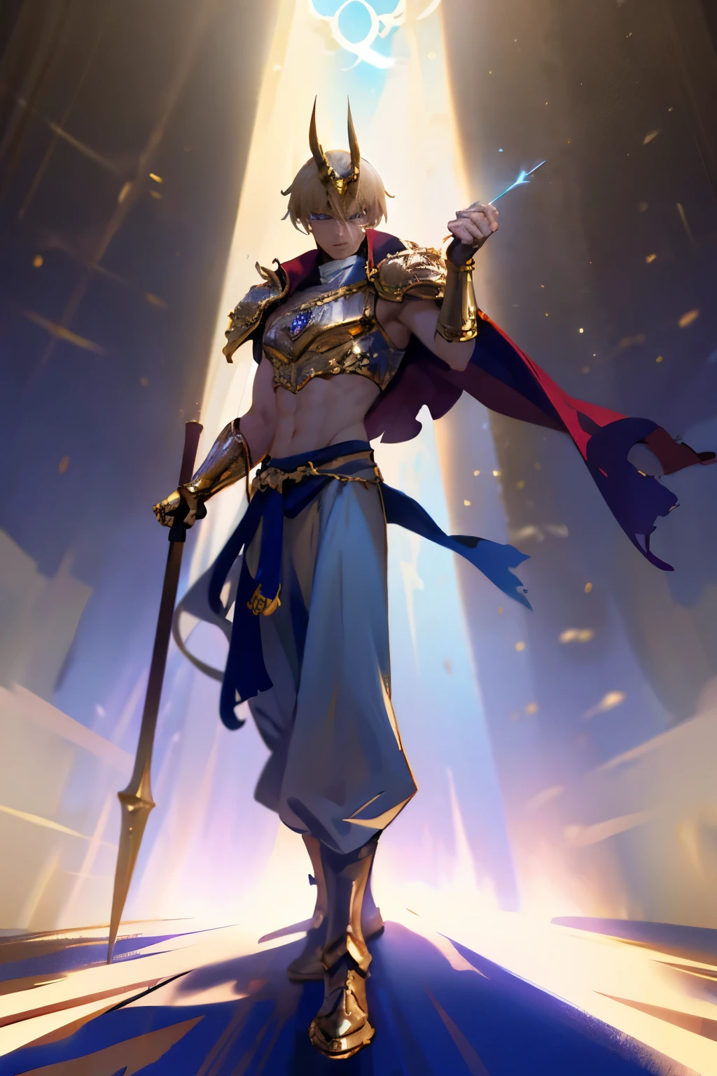 short spiky blonde hair, blue eyes. male character, white turban with gold symbol on the front, like a bandana with horns on it. sleeveless white and blue tunic with gold trimmings and open front that reveals toned chest and midriff. chest is completely exposed. main color is white. high collar and cape extension that falls from the shoulders. edged in gold. blue and purple patterns. arms are adored with golden bracers. it has blue etchings and gems. baggy red trousers. blue sash under the waist with red emblem. golden armoured boots reaching below the knee. give him a commanding stance while holding a spear. stance is strength, slight twist of torso elaborate Nd royal regal posture exudes arrogance. piercing eyes, magical aura surrounding him that emits a dynamic and ethereal light, pose him in a commanding stance. motifs into the background mesopotema. ensure proud and dynamic facial expression. dynamic back lighting very harsh backlighting to ensure godlike presence of gilgamesh