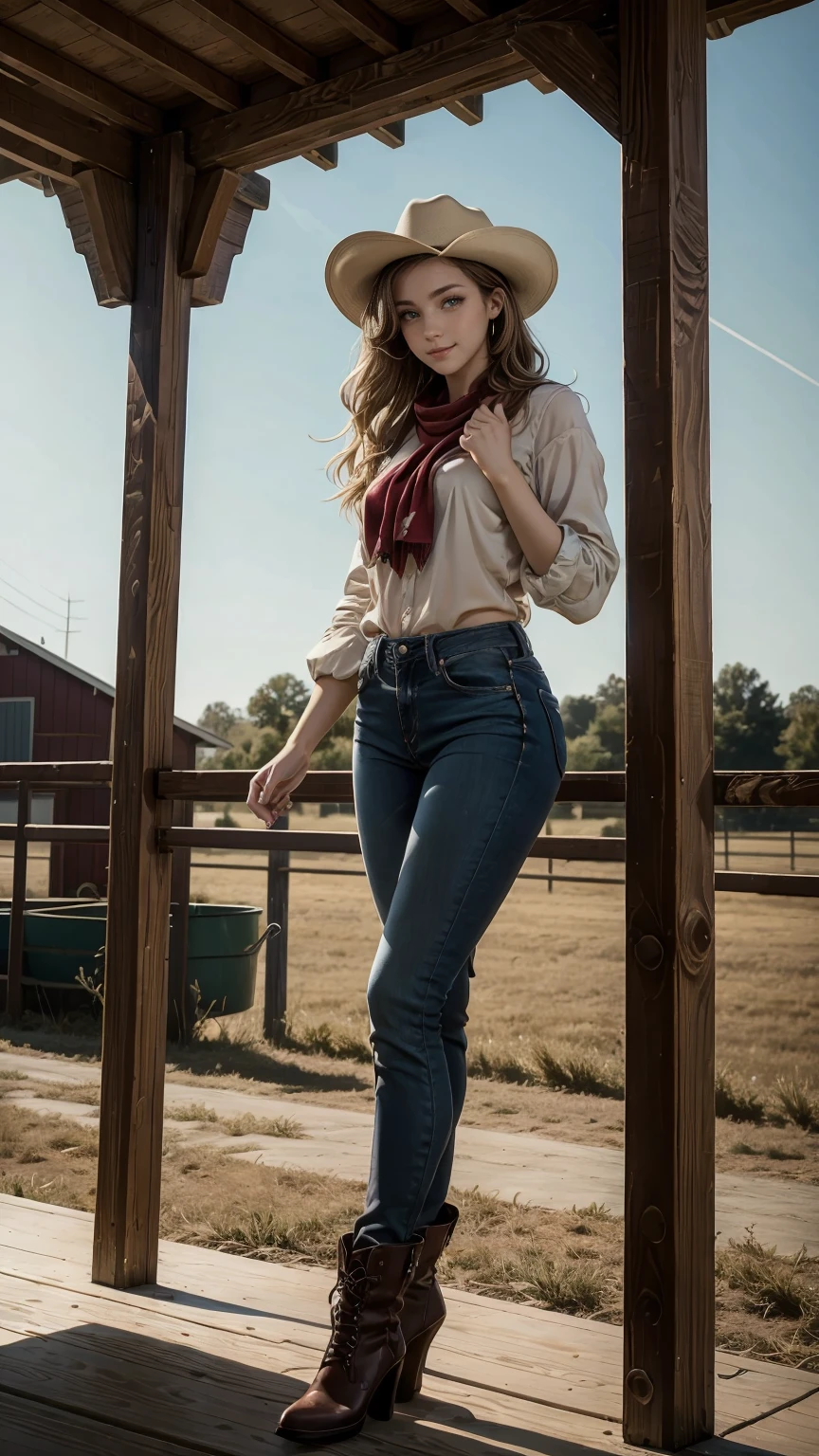 highest quality、masterpiece、ultra high resolution、24 year old white female、Hair color is brunette and purple gradation color、blue eyes、long hair、my hair is wavy、hair up style、smile、Slender but well-proportioned feminine body、wearing red nail polish、wearing a frilly blouse、wearing skinny jeans、I&#39;m wearing boots that cowboys wear.、I&#39;m punching my chest、wearing a cowboy hat、I&#39;m wearing a scarf around my neck、on a farm in america、There&#39;s a horse in the distance