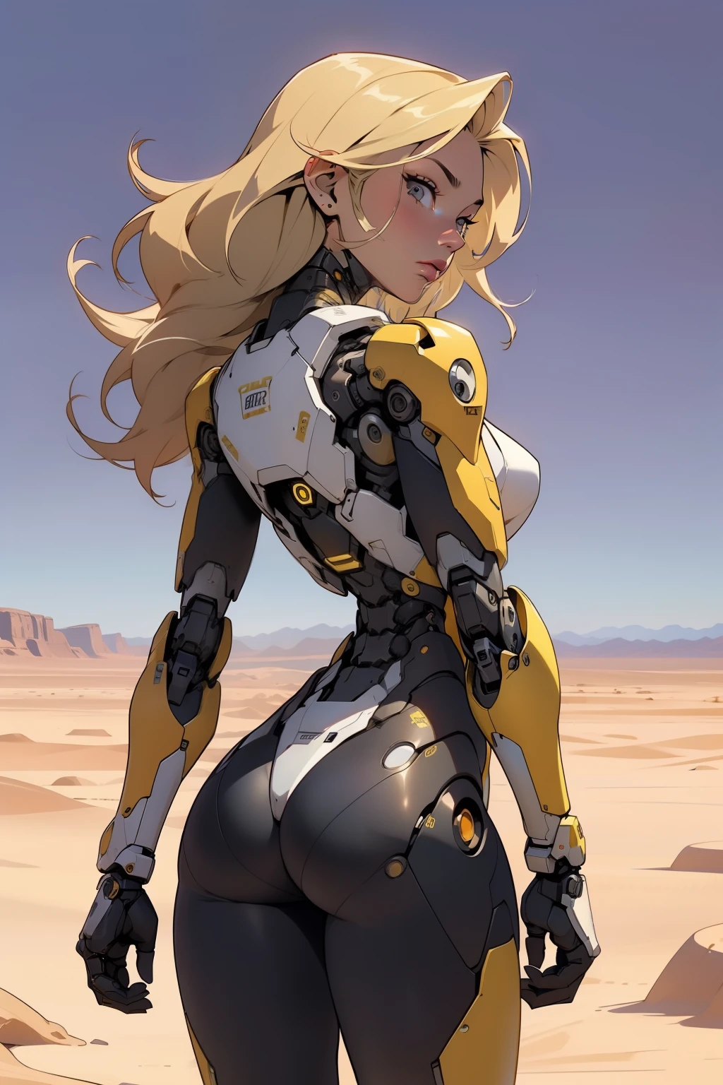 high quality, 4k, masterpiece, beautiful, cyborg girl, cowboy shot, dull eyes, back side, turning around to look at viewer, long blonde hair, girl, small breasts, fit thigh, robotic arms, robotic body, cyborg body, yellow accent, redaccent, intricate detail, joint, detailed lines, robotic detail, holding fist up, holding hand up as fist, color robotic parts, robotic parts with color, perfect fingers, on a desert planet, sunny background, colorful desert,