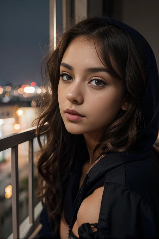 Beautiful woman with hoddie and lingerie,  con ojos azules realistas, Retrato de Sophie Mudd, curly brown hair and big eyes, selfie de una mujer joven, ojos dormitorio, violeta myers, sin maquillaje, Maquillaje Natural, Looking directly at the camera, cara con artgram, maquillaje sutil, Impresionante foto de cuerpo entero, on a fenced balcony, ella no muestra las manos en la foto, , es de noche, luz de noche