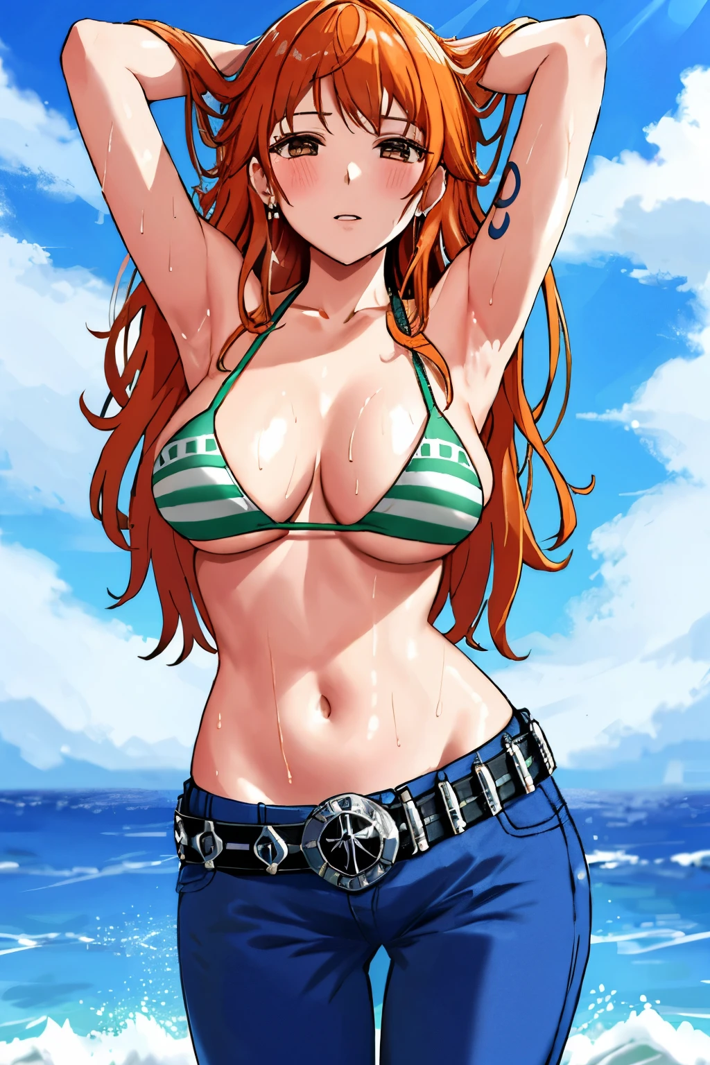 detailed background, masterpiece, 4K, best quality, 늦은 request소년, adult, wrestler body, 1 woman, Active, energetic, Uppercut, (Big mouth) , alone, Us \(One Piece\), 1 woman, bangle, (Very wet, Drenched in sweat, sweating all over, Very wet hair, tired, breathe, dehisce, exhausted, outcry, Sweaty face, sweaty body, Panting, sweating too much, Glittering sweat, sweaty armpits, trend, hands on hips, Serious, glaring), Perfect, detailed face, Draw bold lines, muscular arms, Detailed and thick arm lines, Flat chin, adult woman, wavy wide striped bangs, floating bangs, (Big cheeks), bare shoulders, off shoulder, belt, bikini, bikini top only, blue sky, bracelet, Elastic breasts, Breast line, Big round eyes, very large brown shiny eyes, foam, 높은 눈 stomach치, split, cloud, afternoon, request, earring, floating hair, shiny hair, green belt, green bikini, Thick groin line, requestpants, bijouterie, medium chest, Log Pose, long hair, looking at viewer, navel, wet hair, Orange hair, pants, shoulder Tattoo, side lock, sky, alone, standing, stomach, swimsuit, Tattoo , looking at viewer, dehisce, Detailed left arm, large forehead, hourglass shape, small head, A toned body, Broad head, wind effect, The Sun Effect, Under the sun, Narrow small ear angle, Previous, 무작stomach 포즈,