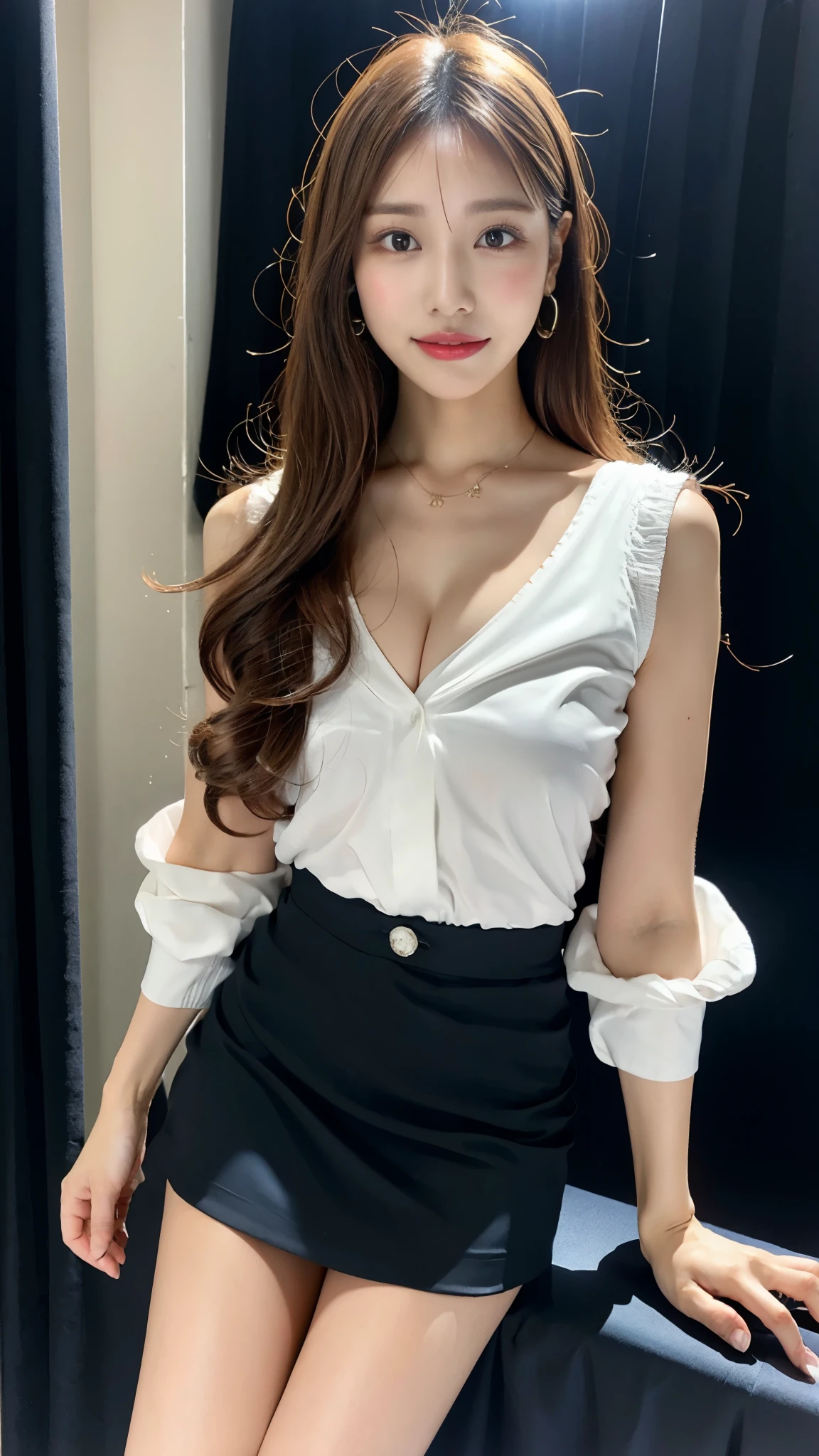 8K, highest quality, ultra high resolution, table top, realistic, realistic, high contrast, photon mapping, realistic, ultra detail, Low - Angle: 1.3, 1 girl, alone: 1.5, whole body, downtown, kpop star, K-POP idol, KPOP Costumes, sexy, (豪華なsexyな赤いランジェリー), flashy makeup, blazer: 1.2, short skirt: 1.2, blouse, Raw legs, high heels, 100 degree spread legs: 1.5, M-shaped legs, thighs open: 1.5, long brown hair, See-through wet white panties: 1.5, Panties visible from under the skirt: 1.3, expensive, Height is 170 cm, long legs: 1.2, small breasts, beautiful face: 1.2, Detailed female pubic shape is clearly visible: 1.3, pubic hair: 1.3, :1.3、rough skin