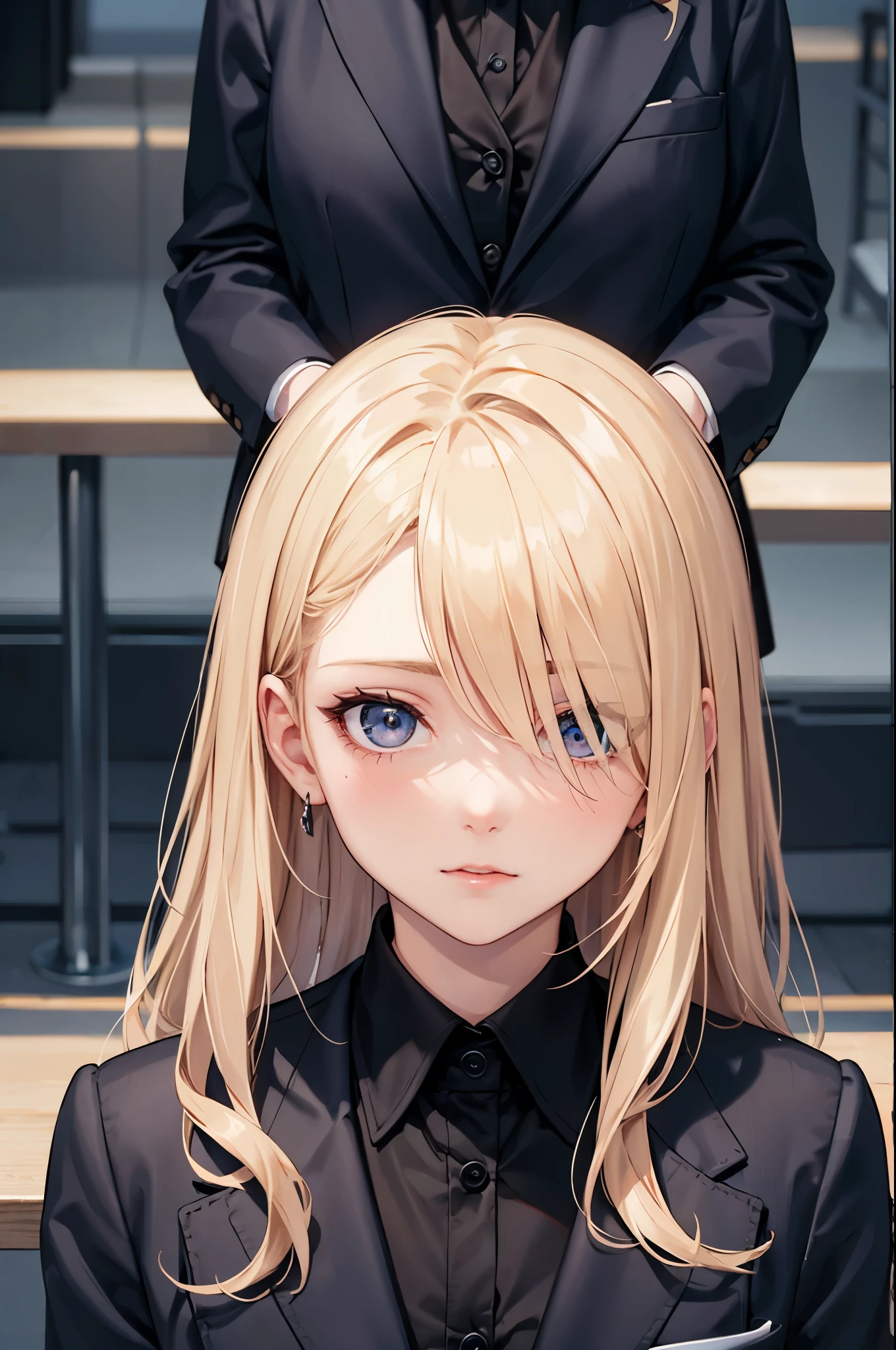 portrait of european girl,alone,20 years,beautiful face,uppser body,hair above one eye,medium side cut, blonde hair, sharp focus,black business suit 5Person