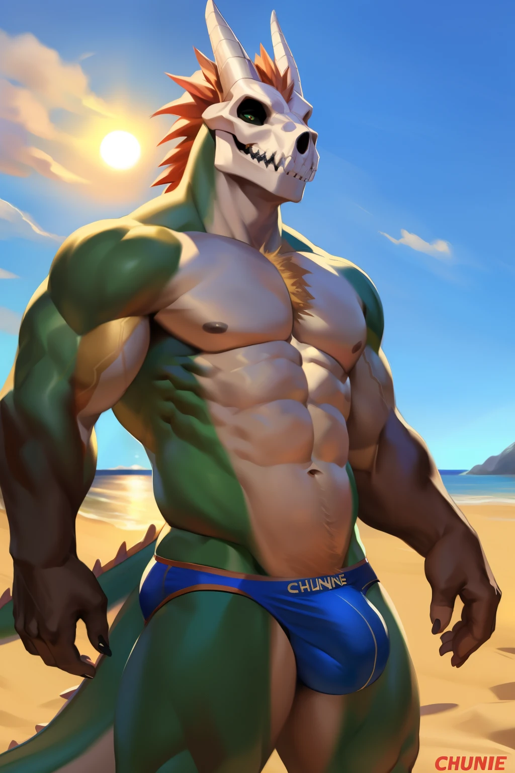 Green dragon, solo, muscular male, seductive, high quality, shirtless (worn only a Speedo). His huge bulge was nicely accentuated, his low-slung Speedo revealing every toned muscle. The background was the sun-kissed beach, the setting sun casting long, intriguing shadows. His skull head stood out against the golden sand, a serene grin playing on his scaled lips as he basked in the last rays of the day. By chunie. NSFW. Detailed texturing and shading. 4K, hi-resolution.