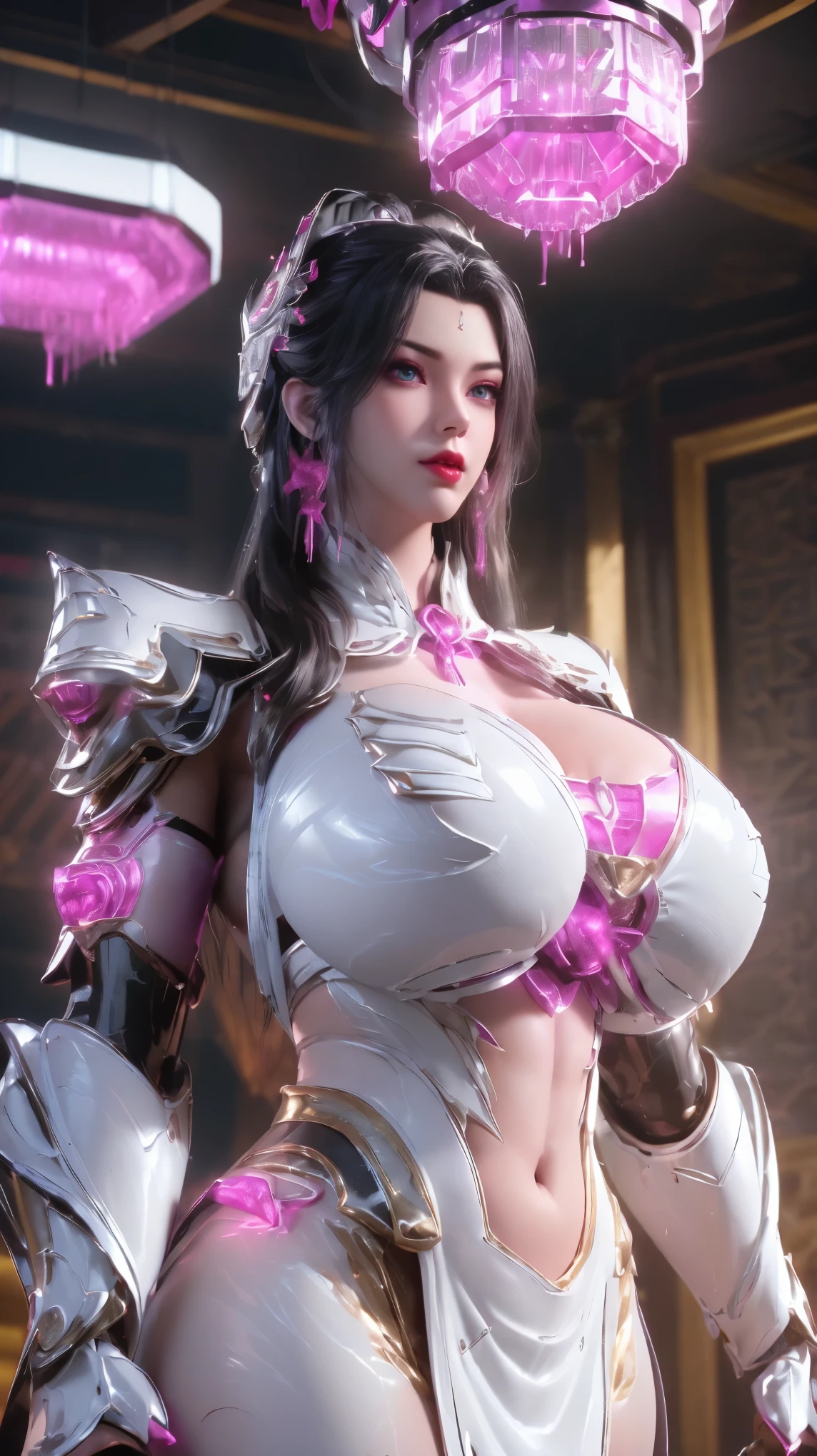 A BUSTY MILF, PORTRAIT, UPPER BODY, SOLO, (BEAUTY BLACK HAIR, GOLD DRAGON HORN), (MASSIVE FAKE BOOBIES,CLEAVAGE TOP,MUSCLE ABS:1.5), ((WEARING OUTFIT (LED MAGENTA, LED WHITE, LED BLACK) SHINY MECHANICAL ROBOT BIKINI ARMORED:1.5)),(CURVY VOLUPTUOUS BODY MATURE WOMAN:1.5), (SWEATY GLOSSY BODYSKIN:1.5), (LOOKING AT VIEWER:1.5), (BACKGROUND FUTURISTIC SPACE STATION:1), (PHOTOREALSITIC:1.5), (ULTRA-DETAILLIERT), (TOP-QUALITY), (BEST SHADOWS), BRIGHT LIGHT IN ROOM, HYPER TEXTURE, (4X MSAA), ((UNREAL ENGINE 5 RENDER)), PHYSICALLY-BASED RENDERING, ULTRA HIGHT DEFINITION, 16K, 1080P.