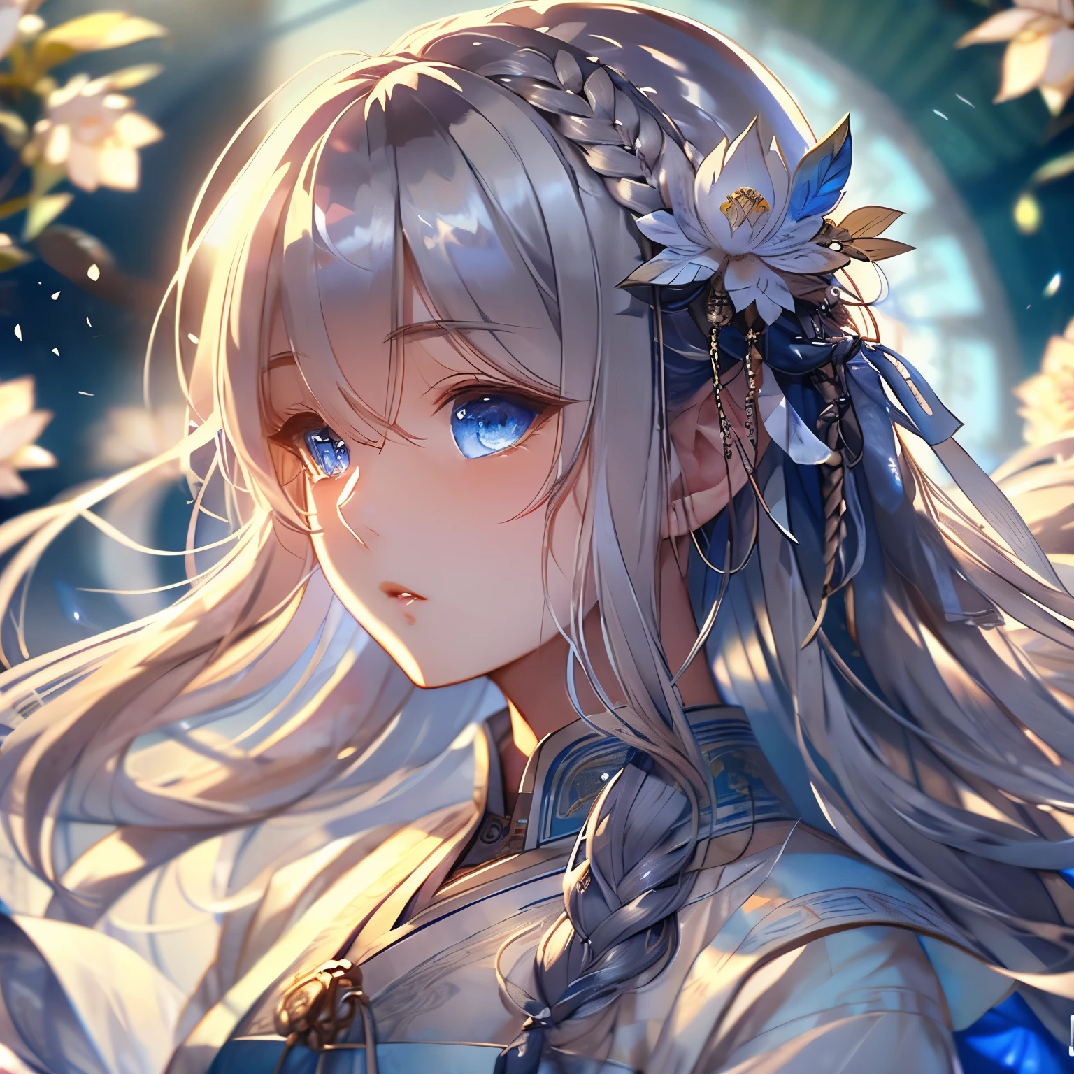 be familiar with eyes, be familiar with eye, be familiar with face, UHD, retina, Accurate, anatomically correct, rough skin, Super detailed, Awards, High resolution, best aesthetics, 超High resolution, clear, ultra be familiar with, 最high quality, high quality, 超high quality, 16k, advanced details, High resolution, be familiar with, masterpiece, beautiful, be familiar with skin, Yaoi, (whole body), (1 Pussy Boy), gray hair, Right braid loose side tail hair, wavy hair, right braid loose side tail wavy gray hair, blue eyes, sleepy eyes, double eyelid, white lotus, white lotus kimono, white lotus hair ornaments, (beautiful cuntboy with right braid loose side tail wavy gray hair holding a white lotus flower)