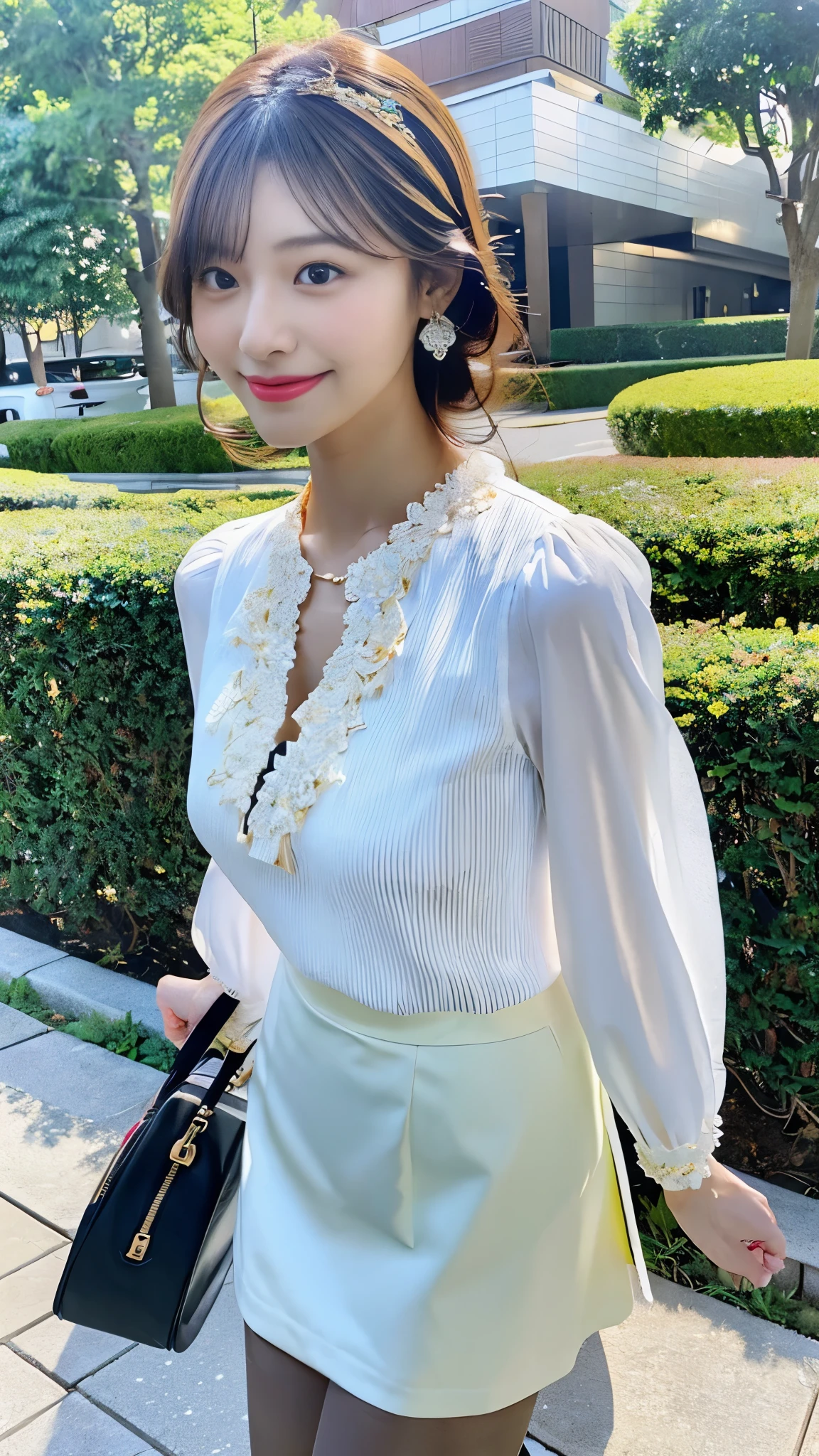 Upper class woman sitting on beautiful park lawn with purse and handbag, Sitting, (No bra), Wearing an ultra-thin silk blouse over naked, jaw-dropping beauty, bandeau top, thighhighs and skirt, (Wearing pantyhose, Ultra-realistic pantyhose), elegant japanese woman, Ultra-thin white shirt and gray skirt, transparent gray skirts, Japanese Models, Wearing a blouse, japanese city street fashion, japanese street fashion, dressed with long fluent clothes, dressed with fluent clothes, very pretty model, Wearing a white blouse, Cute elegant pose, A smile, Raw photo, (in 8K, top-quality, masterpiece: 1.2), (intricate detailes:1.4), (Photorealsitic:1.4), octane renderings, Complex 3D rendering ultra detail, Studio Soft Light, Rim Lights, vibrant detail, super detailing, realistic skin textures, Detail Face, Beautiful detail eyes, Very detailed CG Unity 16k wallpaper, make - up, (detailedbackground:1.2), Realistic skin feeling, shinny skin, Exposed thighs!!!、