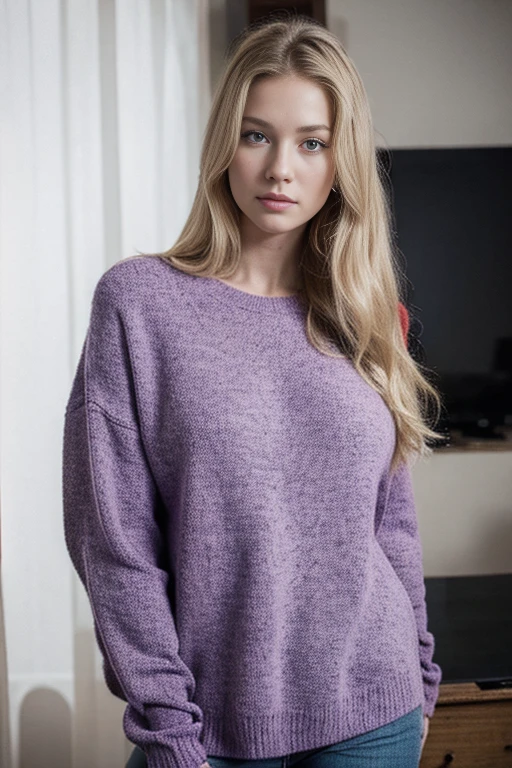 “(best quality,4k,8k,highres,masterpiece:1.2), ultra-detailed, realistic:1.37, portraits, photorealistic:1.37, blonde, blue eyes, detailed facial features, long blonde hair, beautiful lips, slender waist, big breasts, wearing an open purple sweater, full body, front-facing photo, vivid colors, studio lighting”