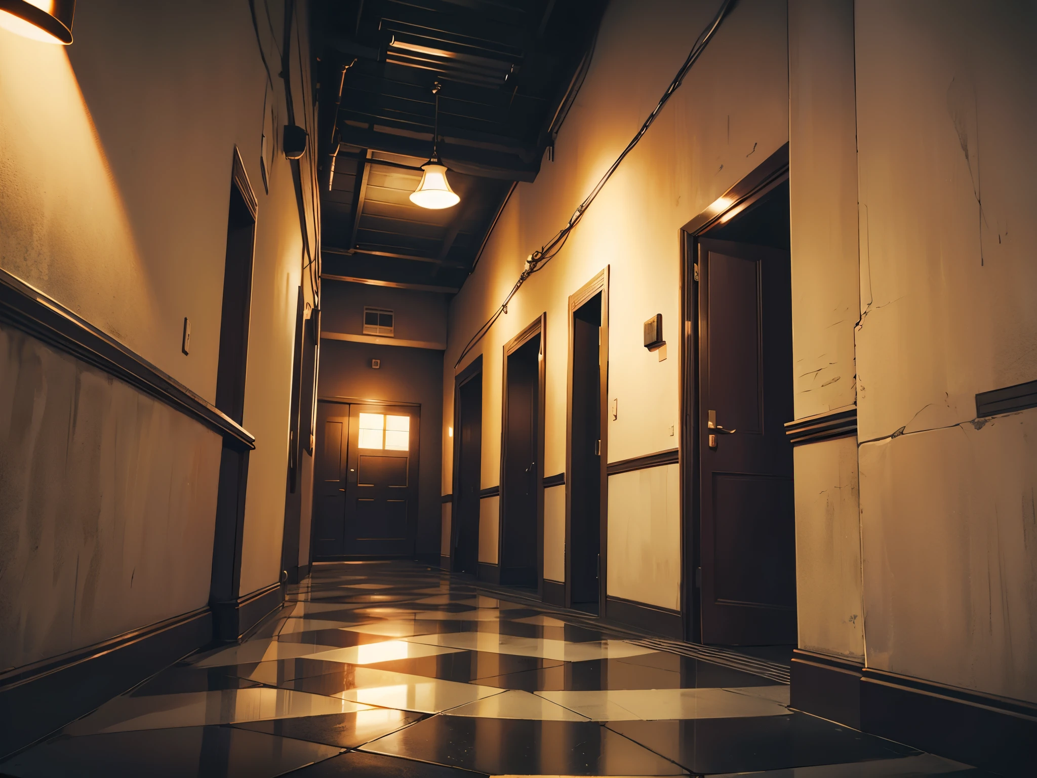 Suspense at night，dark corner，tile floor