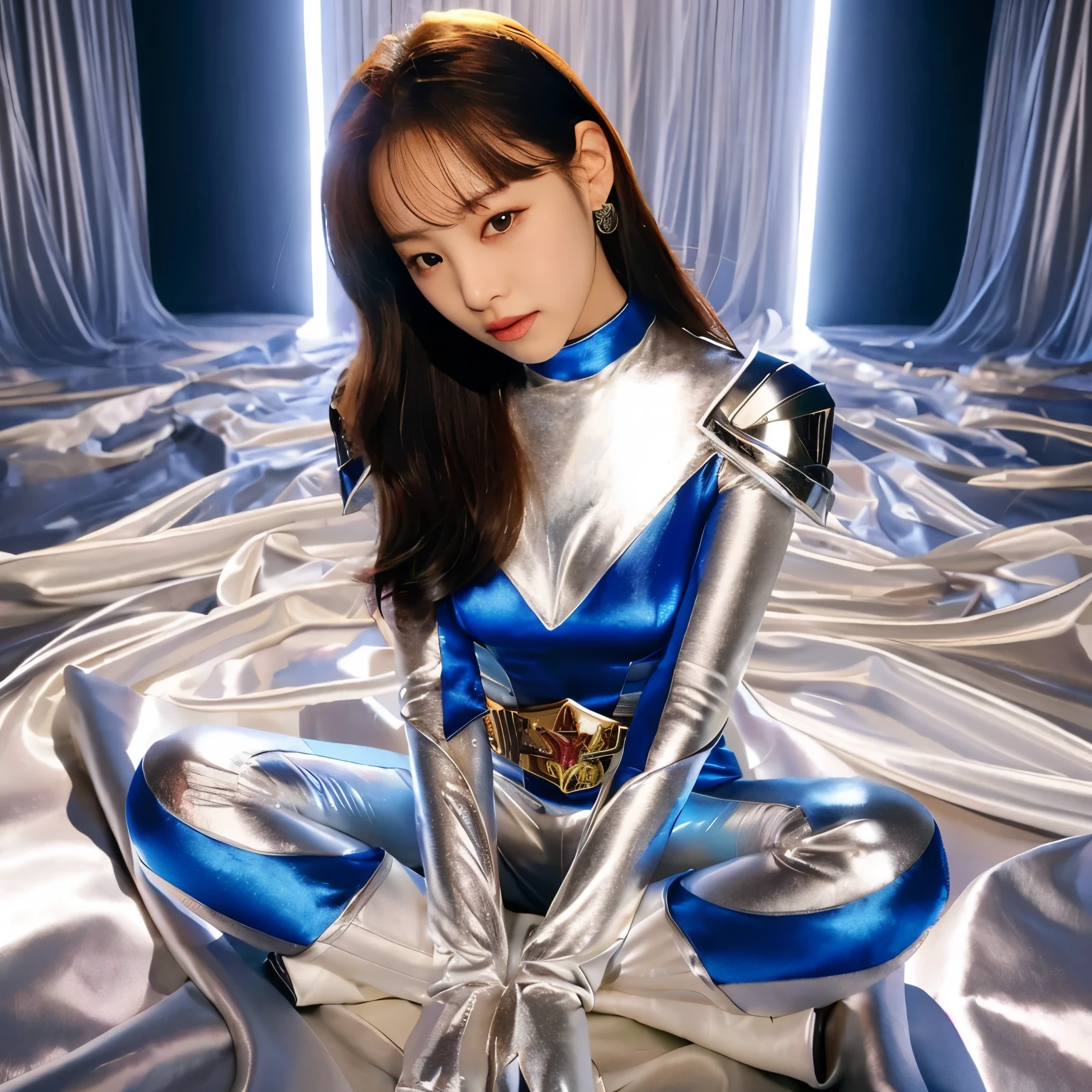 best image quality、Super high resolution、(realism:1.4)、Korean beauty star、The most beautiful KPOP star、face、Horny Korean makeup、erotic expression、A body that makes you want to touch it、Erotic photos、Realistic satin fabric texture、Costume made of stretch satin fabric that is smooth to the touch、The drape of the curved part of the satin fabric、Strong luster of costume、costume quality、8K photo quality、Costume made of high-quality satin fabric with high density、Super-class battle leather cloak with a smooth texture、Super Sentai Women's Heroine Suit、Super-class battleship shiny costumes、Texture of costumes that satin fetishists respond to、Thin, glossy stretch satin fabric、