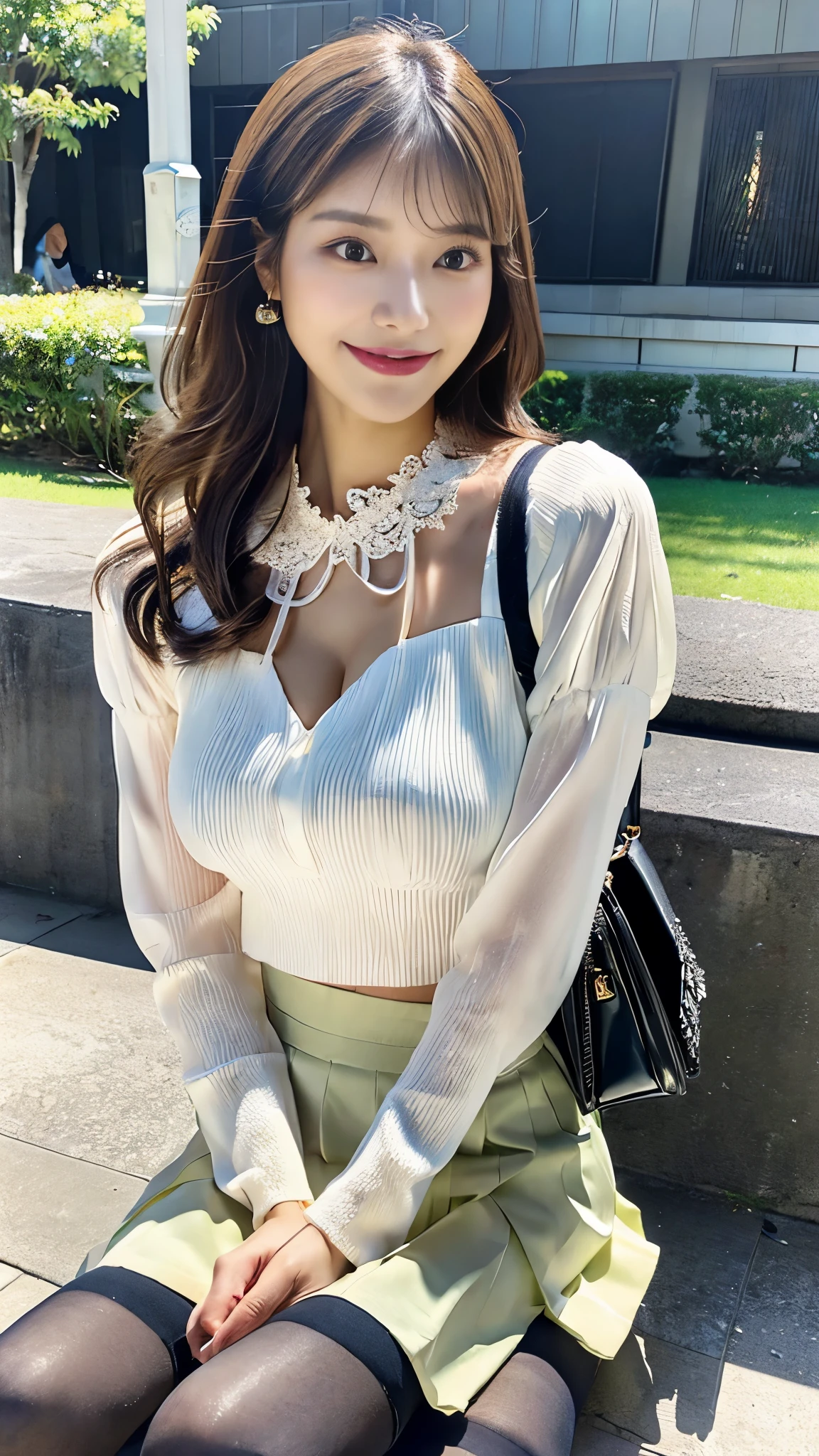 Upper class woman sitting on beautiful park lawn with purse and handbag, Sitting, (No bra), Wearing an ultra-thin silk blouse over naked, jaw-dropping beauty, (bandeau top), thighhighs and skirt, (Wearing pantyhose, Ultra-realistic pantyhose), elegant japanese woman, Ultra-thin white bandeau top and gray skirt, transparent gray skirts, Japanese Models, Wearing a bandeau top, japanese city street fashion, japanese street fashion, dressed with long fluent clothes, dressed with fluent clothes, very pretty model, Wearing a white blouse, Cute elegant pose, A smile, Raw photo, (in 8K, top-quality, masterpiece: 1.2), (intricate detailes:1.4), (Photorealsitic:1.4), octane renderings, Complex 3D rendering ultra detail, Studio Soft Light, Rim Lights, vibrant detail, super detailing, realistic skin textures, Detail Face, Beautiful detail eyes, Very detailed CG Unity 16k wallpaper, make - up, (detailedbackground:1.2), Realistic skin feeling, shinny skin, Exposed thighs!!!、