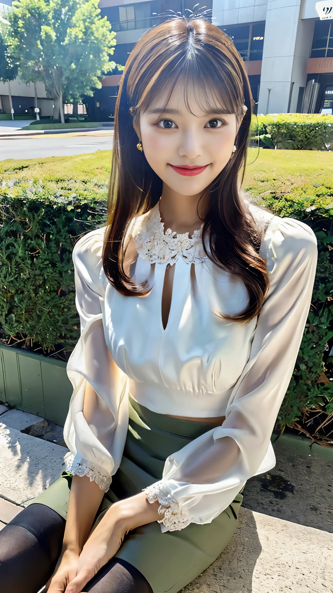 Upper class woman sitting on beautiful park lawn with purse and handbag, Sitting, (No bra), Wearing an ultra-thin silk blouse over naked, jaw-dropping beauty, (bandeau top), thighhighs and skirt, (Wearing pantyhose, Ultra-realistic pantyhose), elegant japanese woman, Ultra-thin white bandeau top and gray skirt, transparent gray skirts, Japanese Models, Wearing a bandeau top, japanese city street fashion, japanese street fashion, dressed with long fluent clothes, dressed with fluent clothes, very pretty model, Wearing a white blouse, Cute elegant pose, A smile, Raw photo, (in 8K, top-quality, masterpiece: 1.2), (intricate detailes:1.4), (Photorealsitic:1.4), octane renderings, Complex 3D rendering ultra detail, Studio Soft Light, Rim Lights, vibrant detail, super detailing, realistic skin textures, Detail Face, Beautiful detail eyes, Very detailed CG Unity 16k wallpaper, make - up, (detailedbackground:1.2), Realistic skin feeling, shinny skin, Exposed thighs!!!、