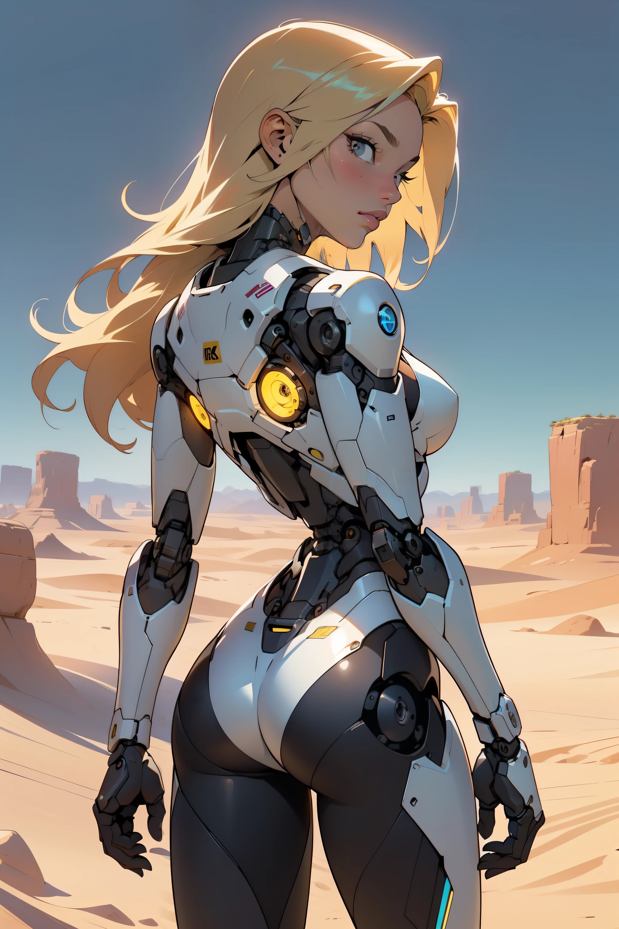 high quality, 4k, masterpiece, beautiful, cyborg girl, cowboy shot, dull eyes, back side, turning around to look at viewer, long blonde hair, girl, small breasts, fit thigh, robotic arms, robotic body, cyborg body, yellow accent, redaccent, intricate detail, joint, detailed lines, robotic detail, holding fist up, holding hand up as fist, color robotic parts, robotic parts with color, perfect fingers, on a desert planet, sunny background, colorful desert,