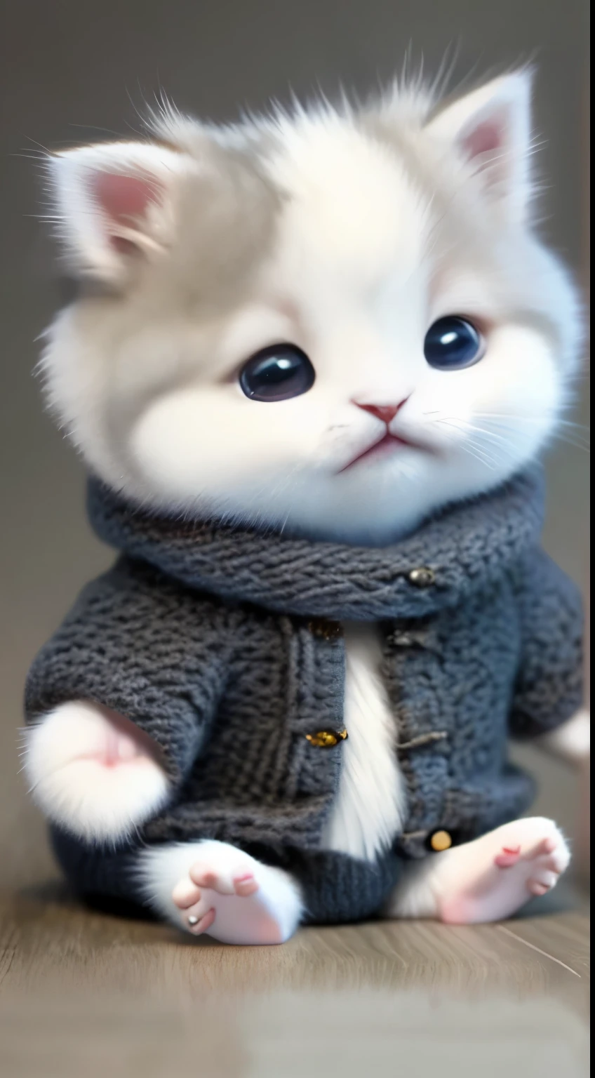 kitten in clothes, miniature kitten, Animal focus, bearded, realistic, POV Hand, ambiguous background,smile,interesting、