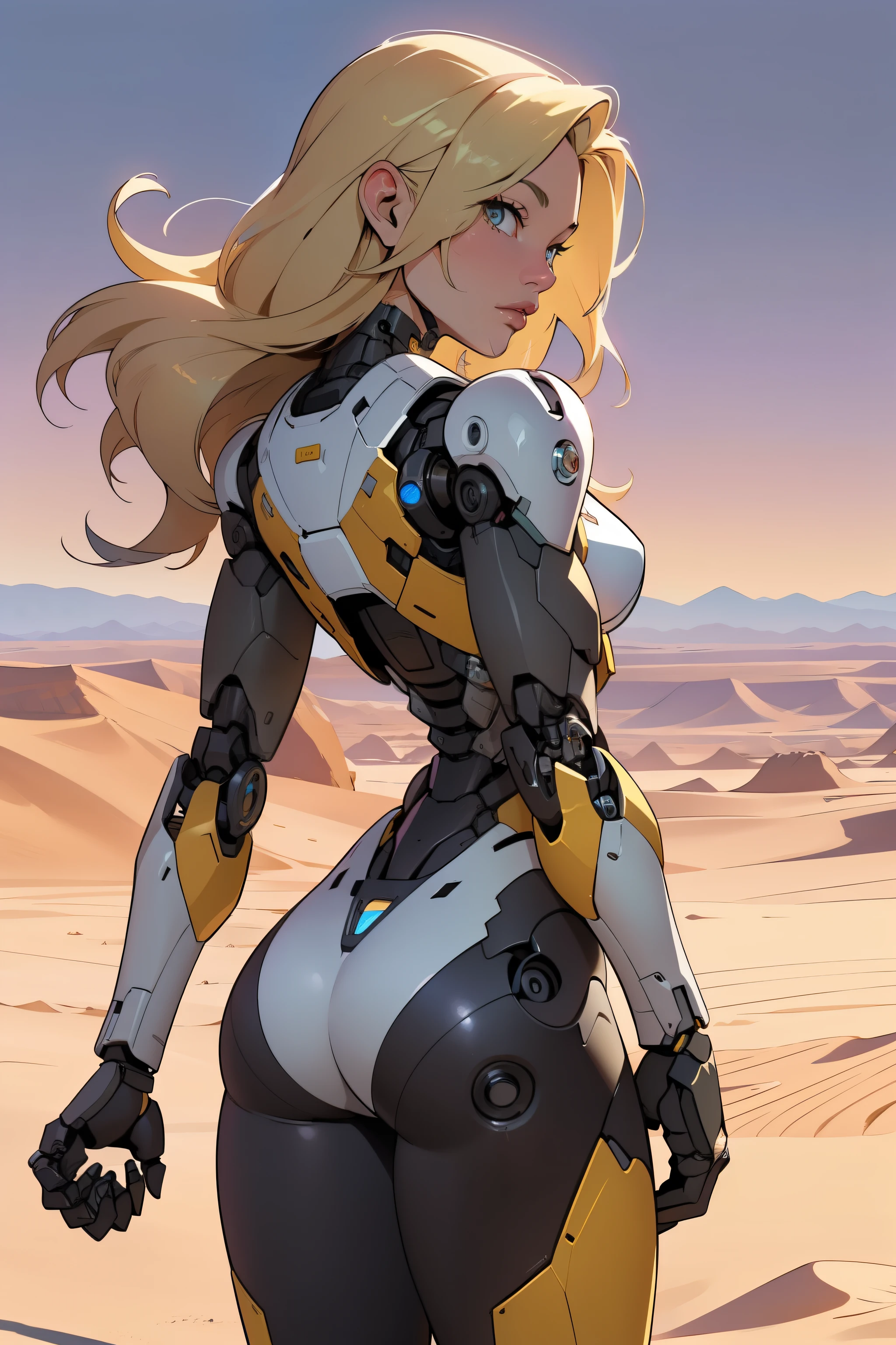 high quality, 4k, masterpiece, beautiful, cyborg girl, cowboy shot, dull eyes, back side, turning around to look at viewer, long blonde hair, girl, small breasts, fit thigh, robotic arms, robotic body, cyborg body, yellow accent, redaccent, intricate detail, joint, detailed lines, robotic detail, holding fist up, holding hand up as fist, color robotic parts, robotic parts with color, perfect fingers, on a desert planet, sunny background, colorful desert,